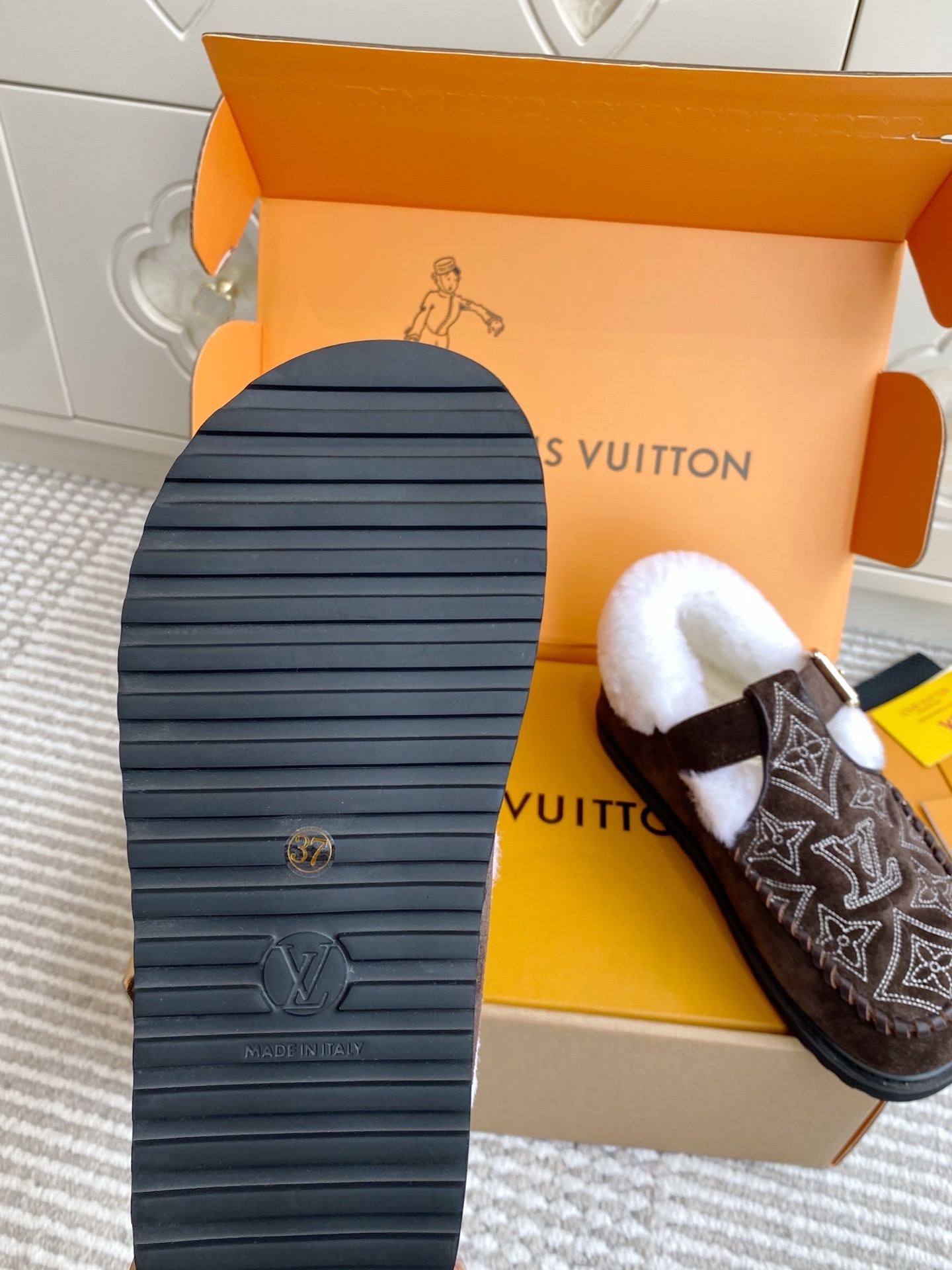 Louis Vuitton Brown Suede Monogram Buckle Shearling Slippers