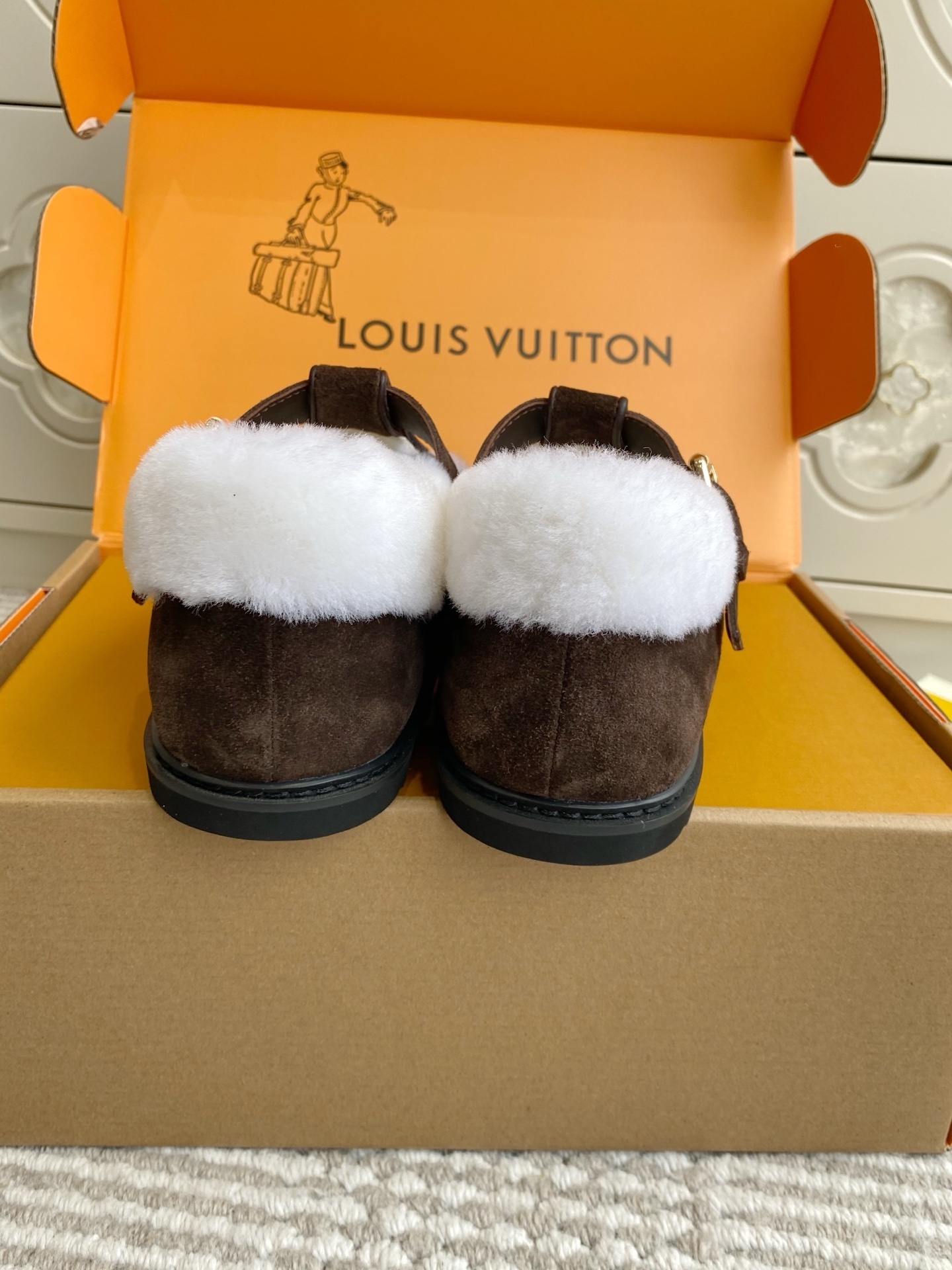 Louis Vuitton Brown Suede Monogram Buckle Shearling Slippers