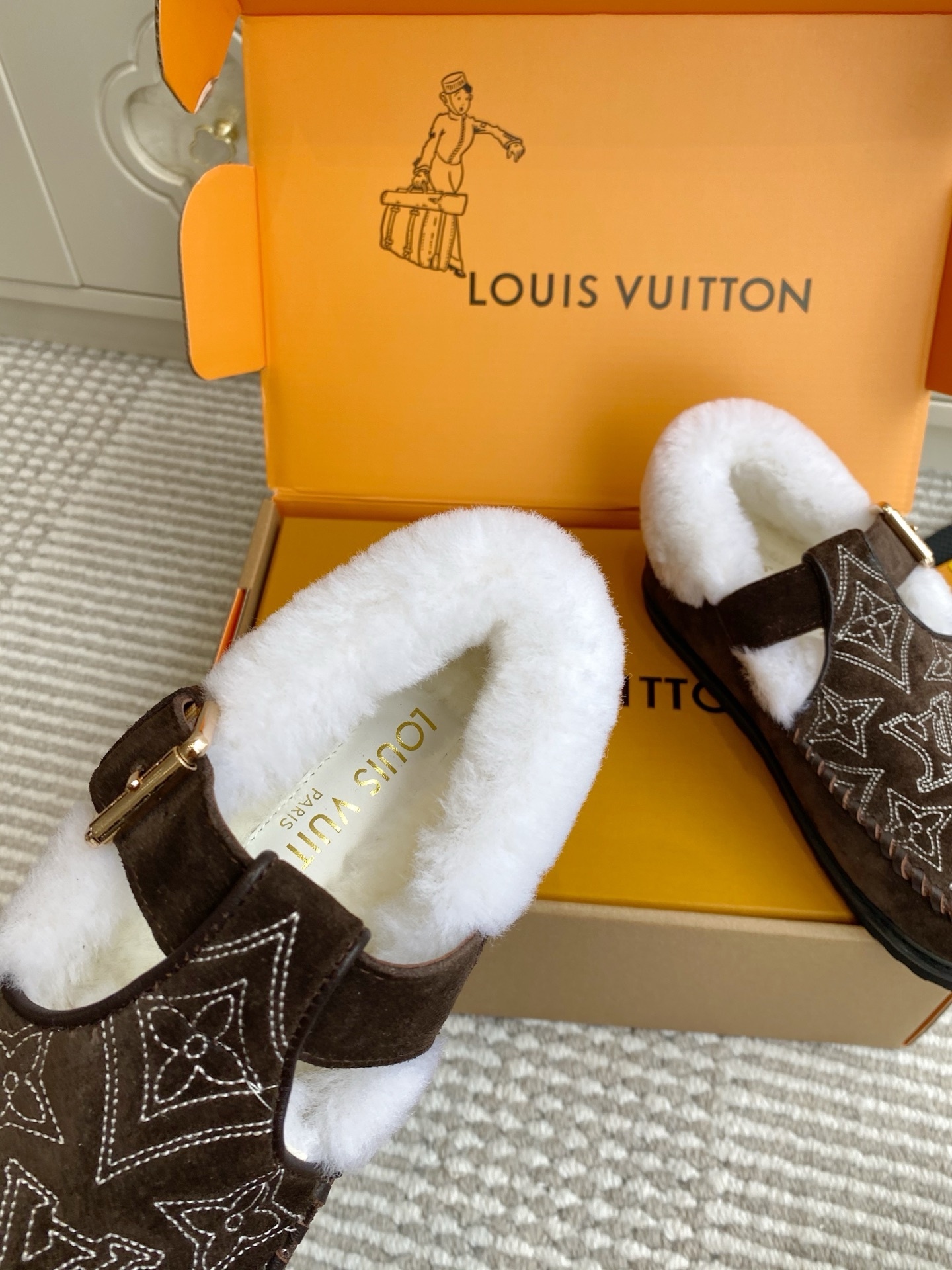 Louis Vuitton Brown Suede Monogram Buckle Shearling Slippers