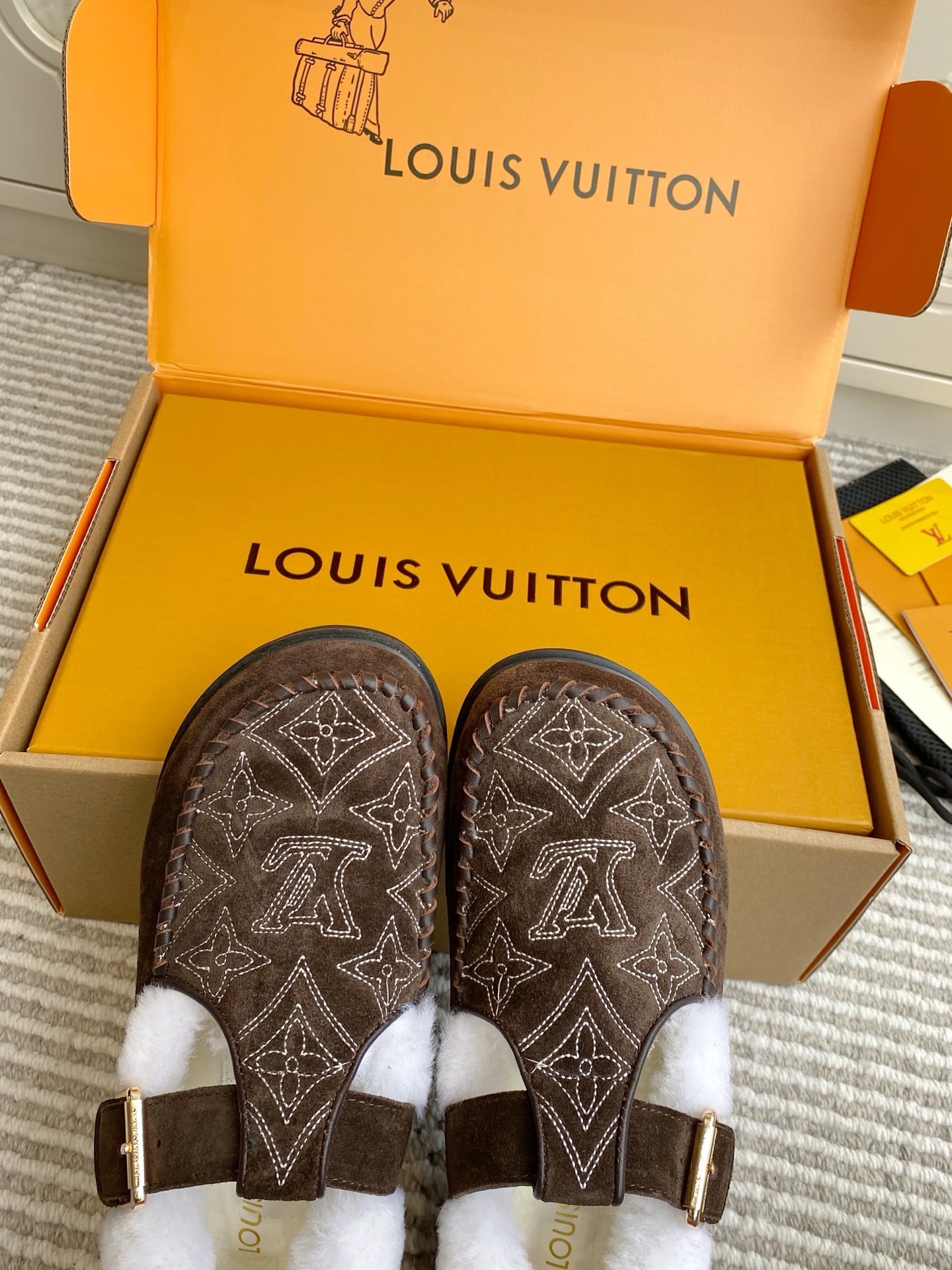 Louis Vuitton Brown Suede Monogram Buckle Shearling Slippers