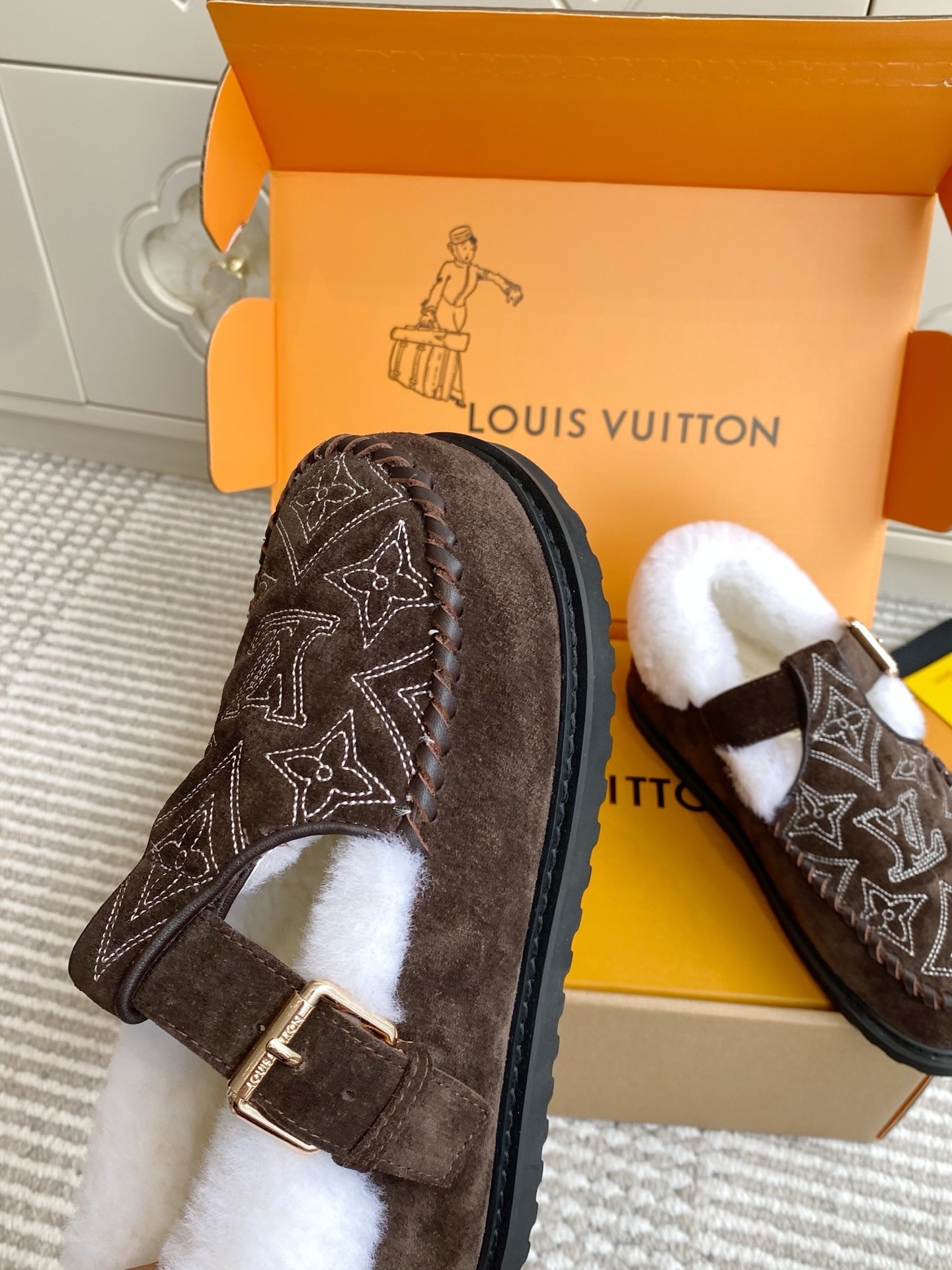 Louis Vuitton Brown Suede Monogram Buckle Shearling Slippers