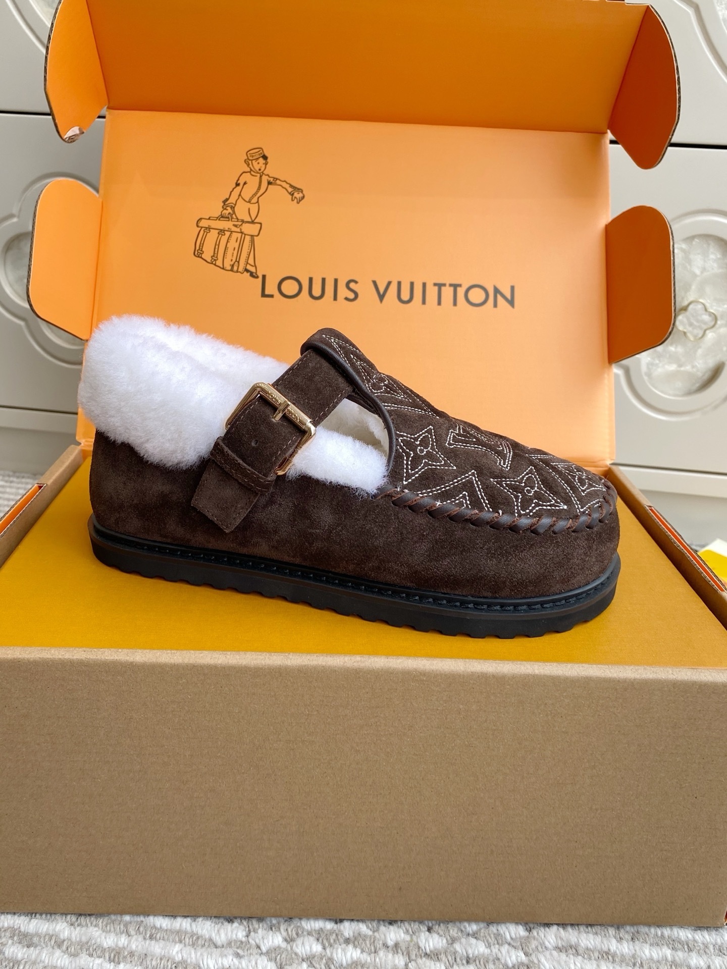 Louis Vuitton Brown Suede Monogram Buckle Shearling Slippers