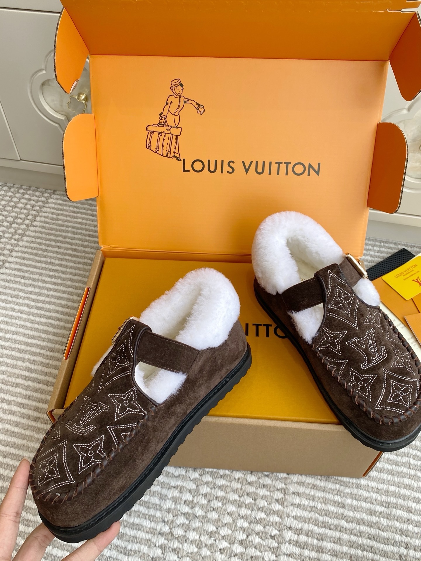 Louis Vuitton Brown Suede Monogram Buckle Shearling Slippers
