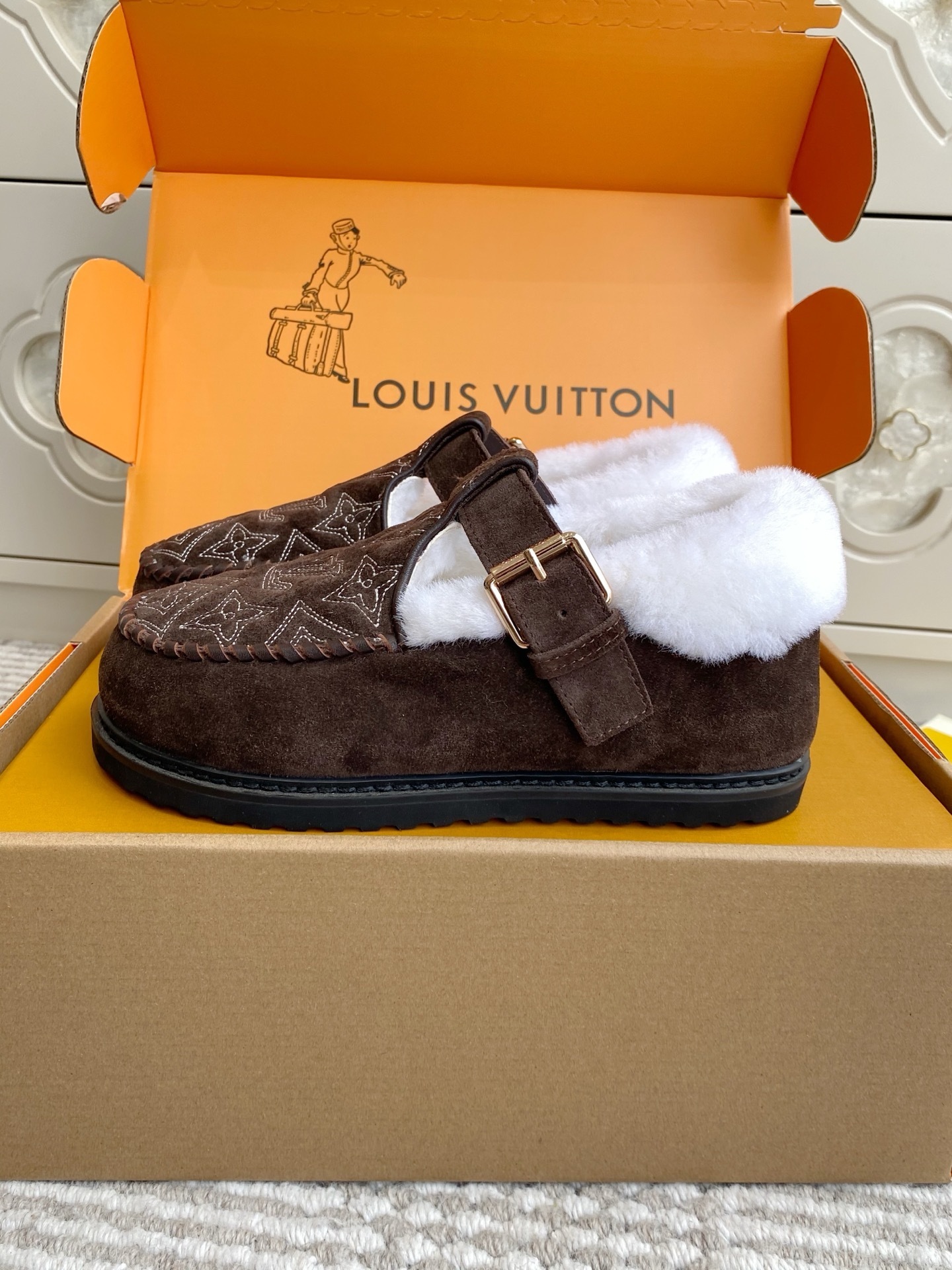 Louis Vuitton Brown Suede Monogram Buckle Shearling Slippers