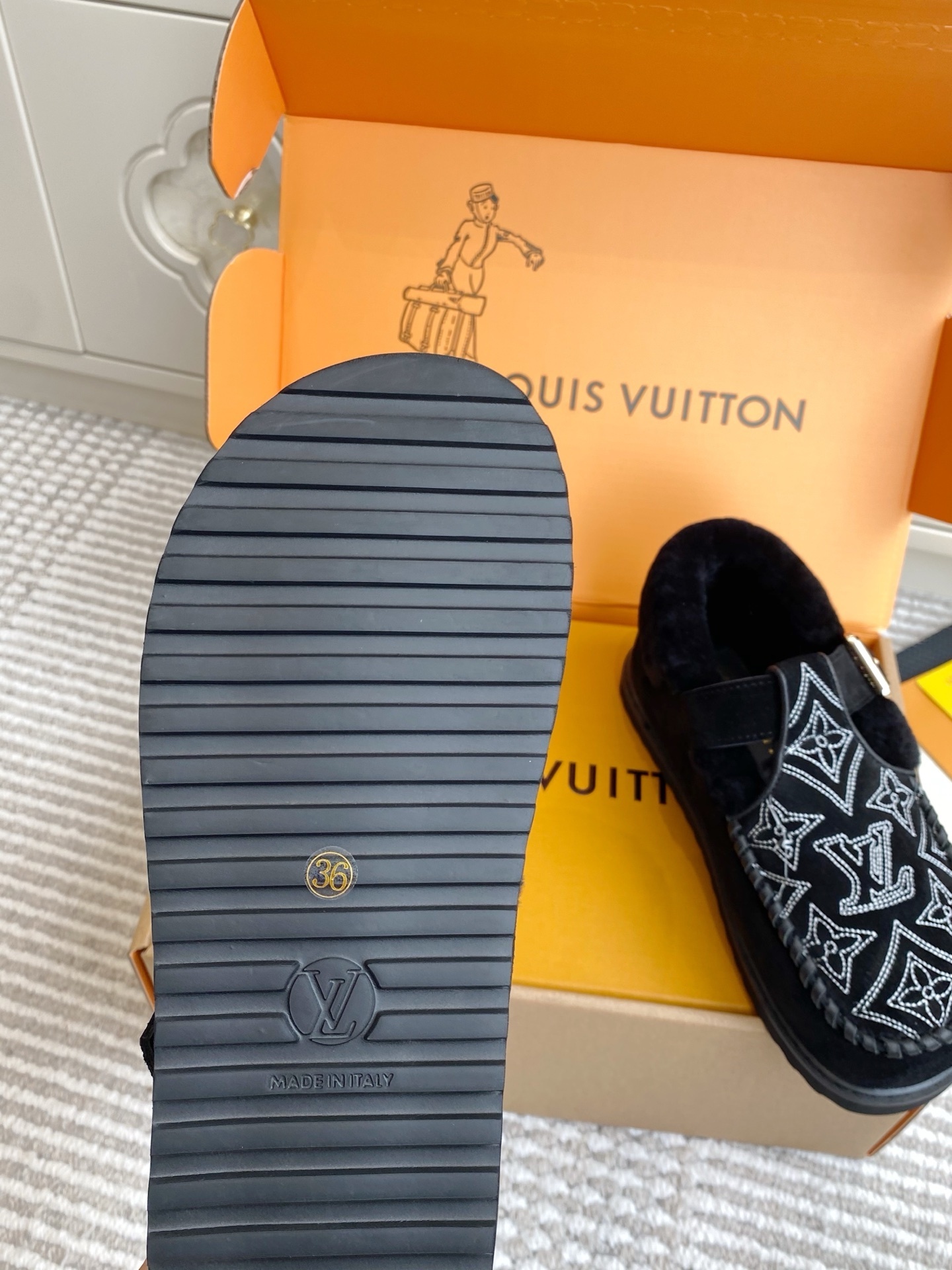 Louis Vuitton Monogram Embroidered Black Shearling Mules