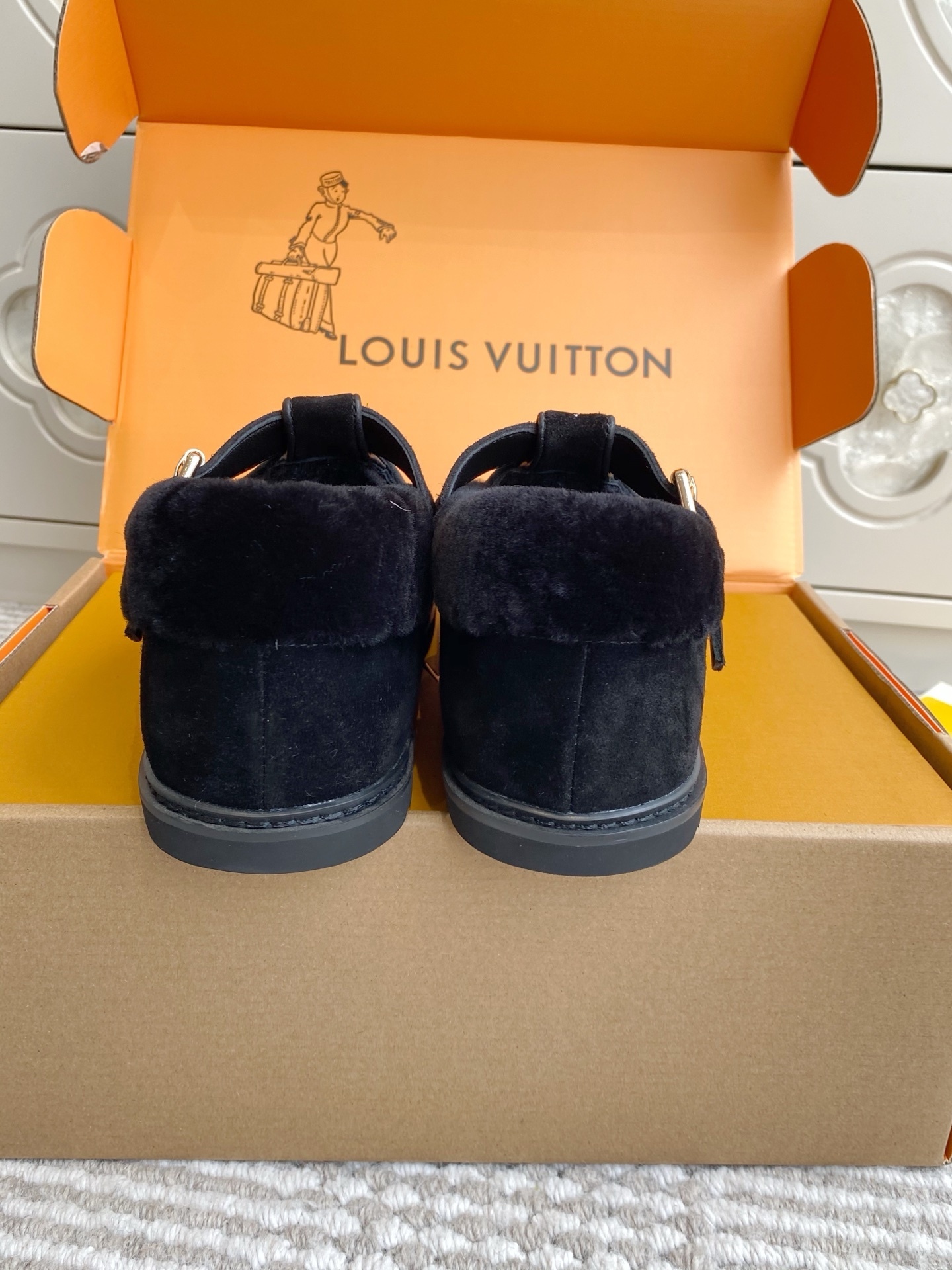 Louis Vuitton Monogram Embroidered Black Shearling Mules