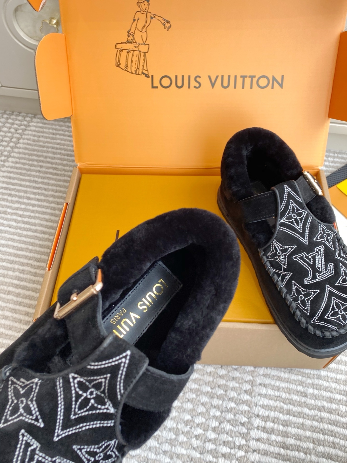 Louis Vuitton Monogram Embroidered Black Shearling Mules