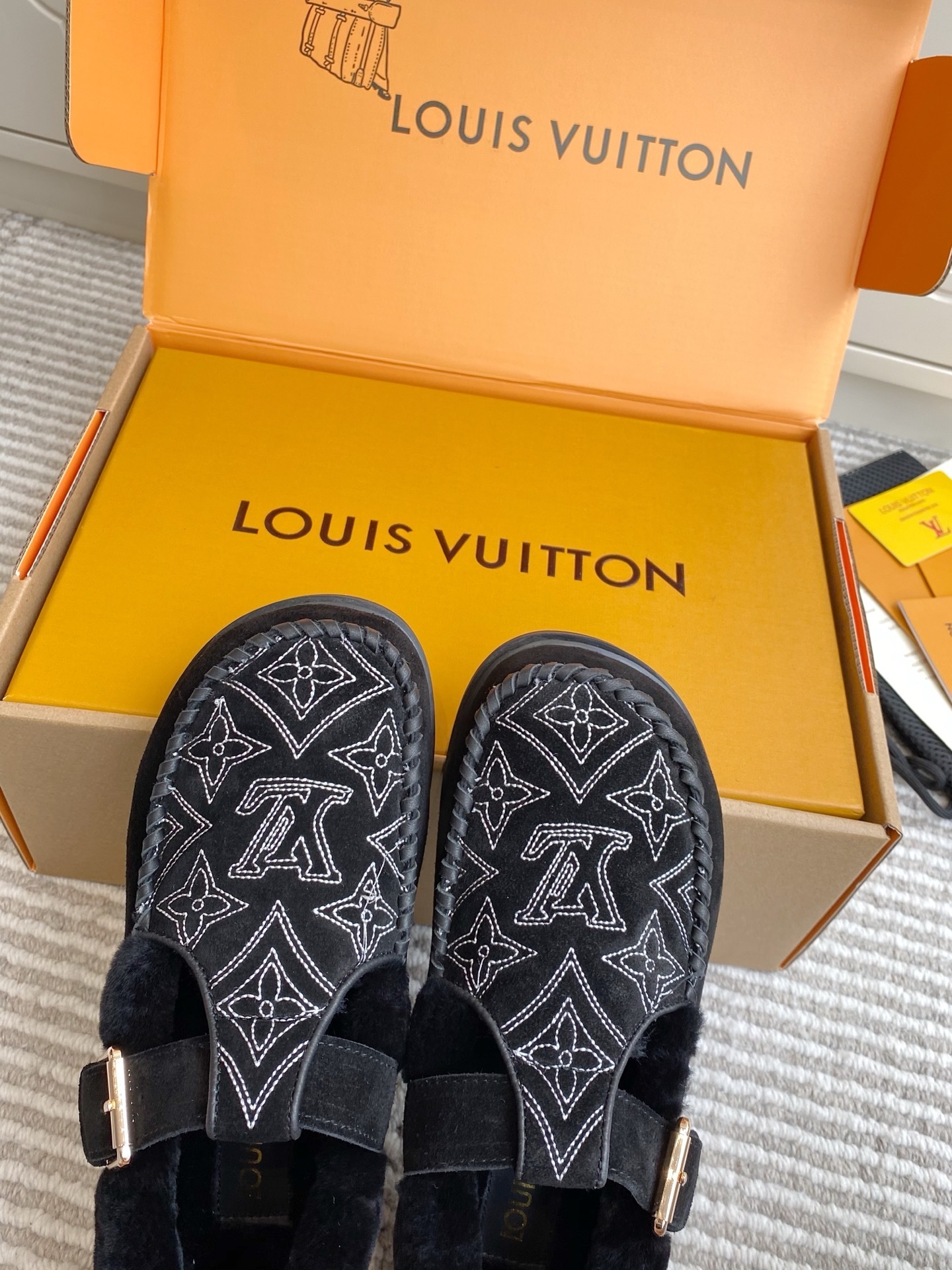Louis Vuitton Monogram Embroidered Black Shearling Mules