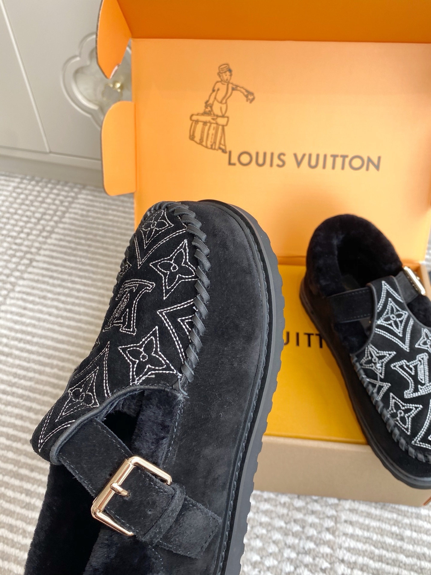 Louis Vuitton Monogram Embroidered Black Shearling Mules