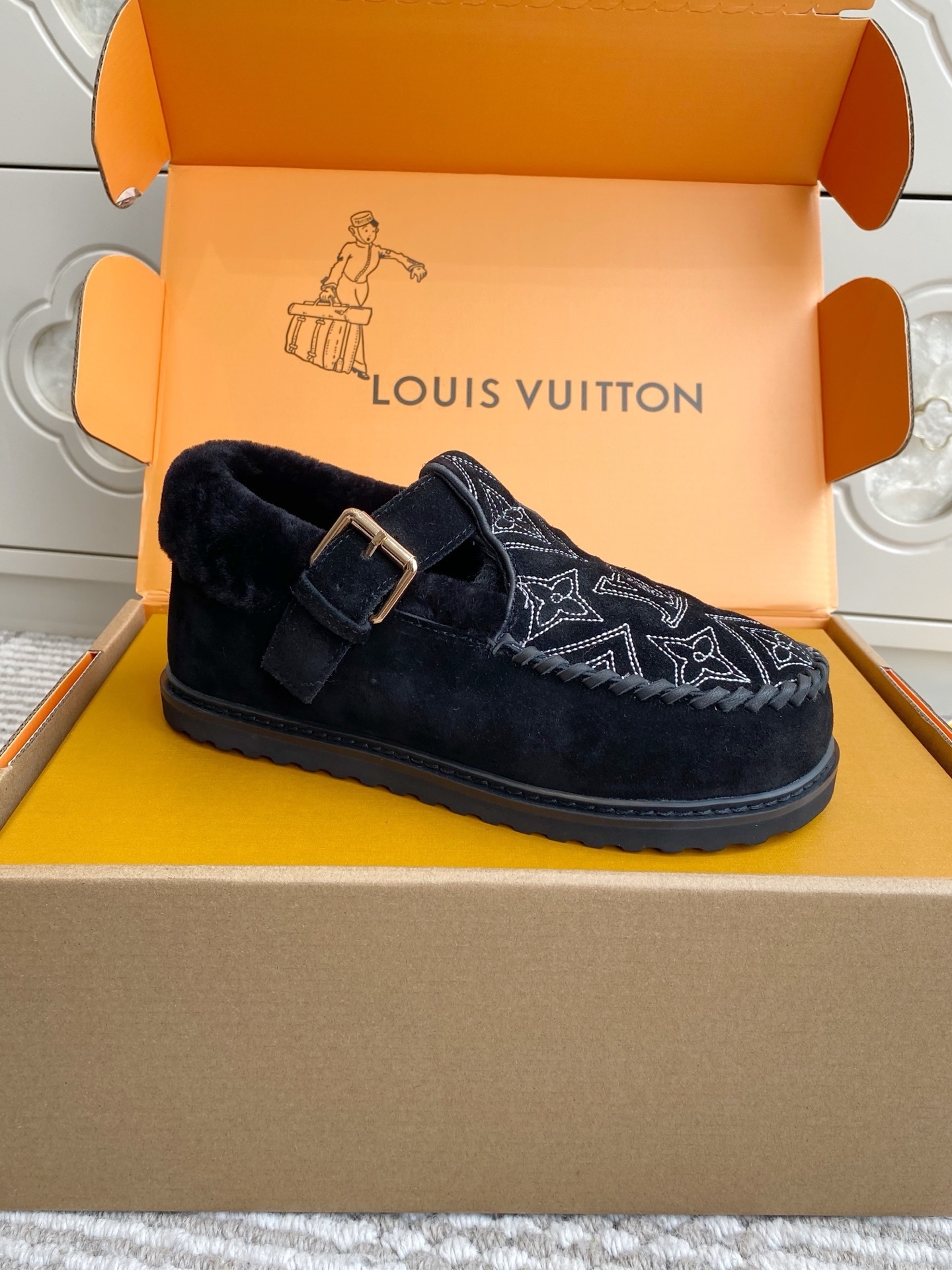 Louis Vuitton Monogram Embroidered Black Shearling Mules