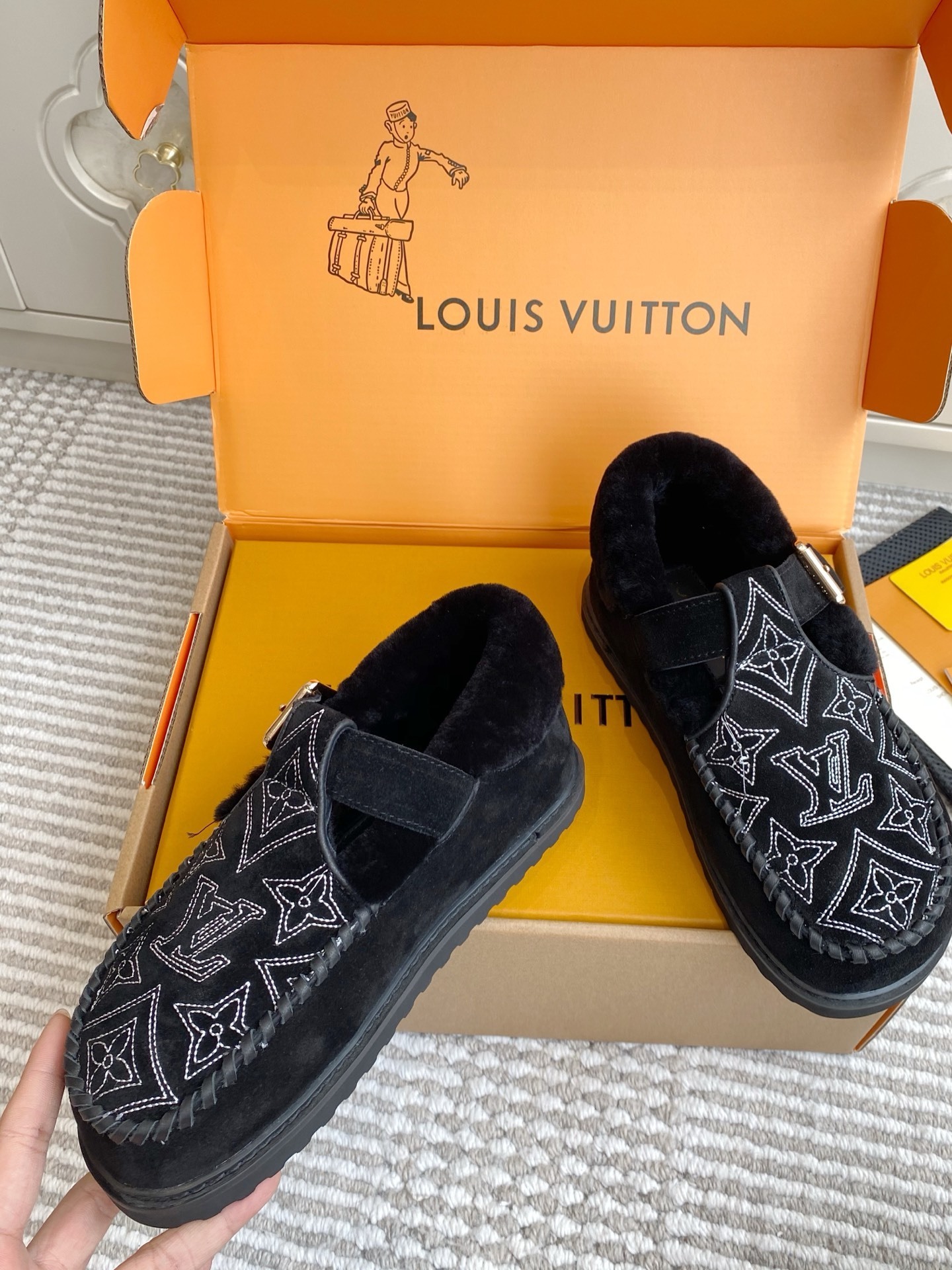Louis Vuitton Monogram Embroidered Black Shearling Mules