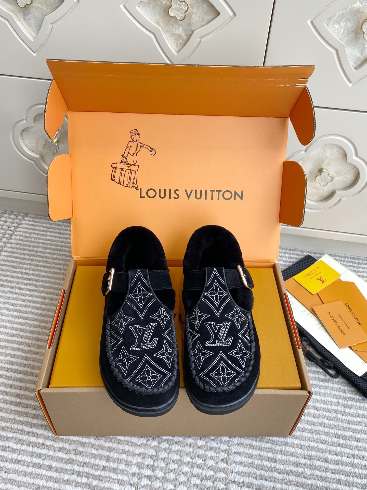 Louis Vuitton Monogram Embroidered Black Shearling Mules