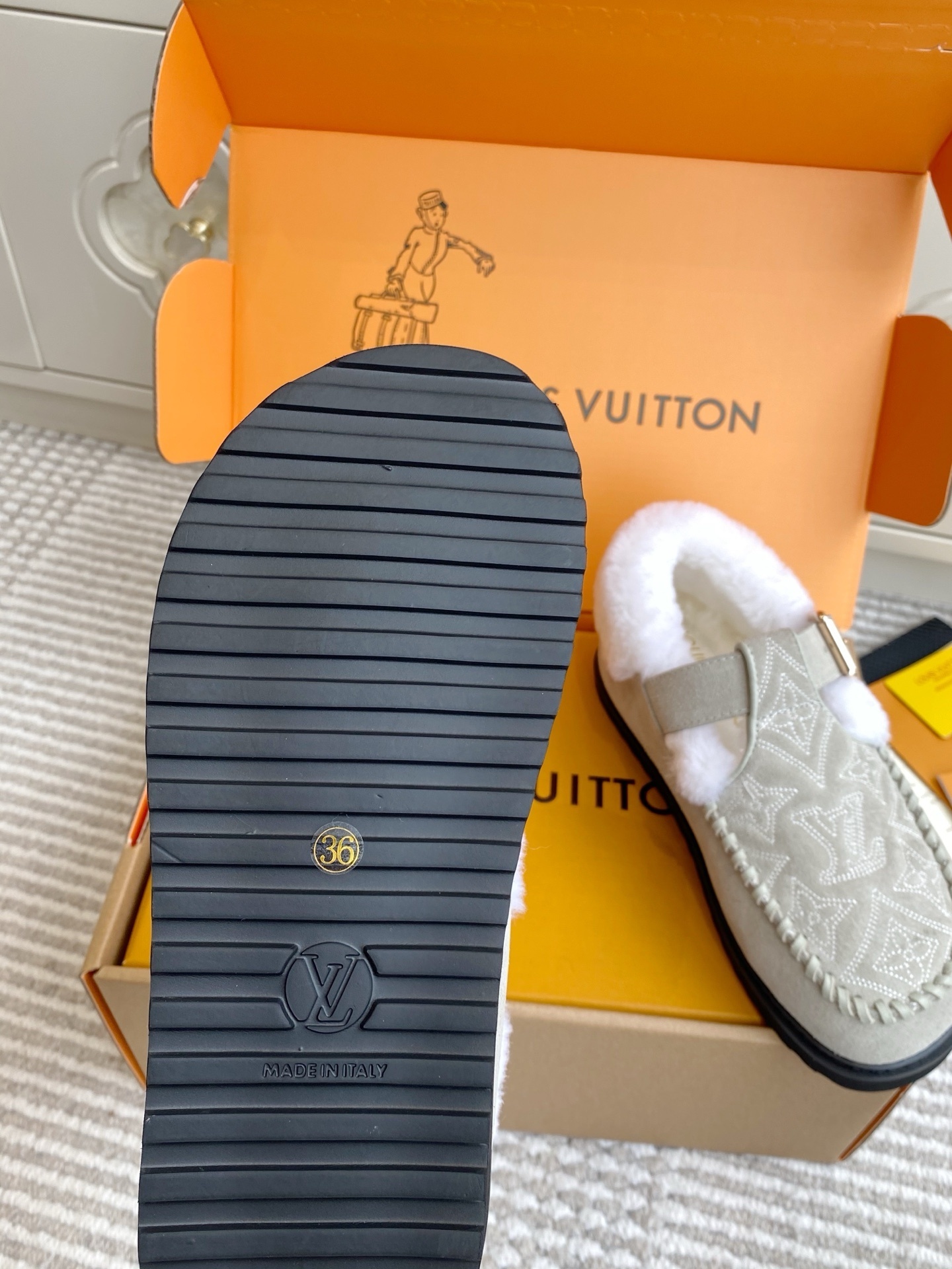 Louis Vuitton Women's Grey Monogram Shearling Lined Mules