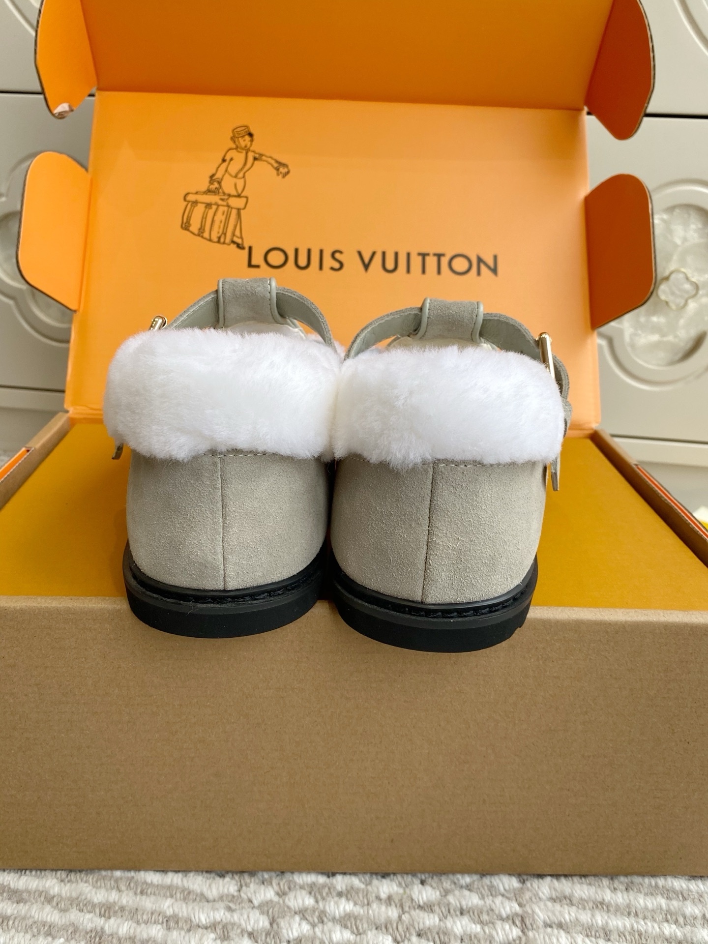 Louis Vuitton Women's Grey Monogram Shearling Lined Mules