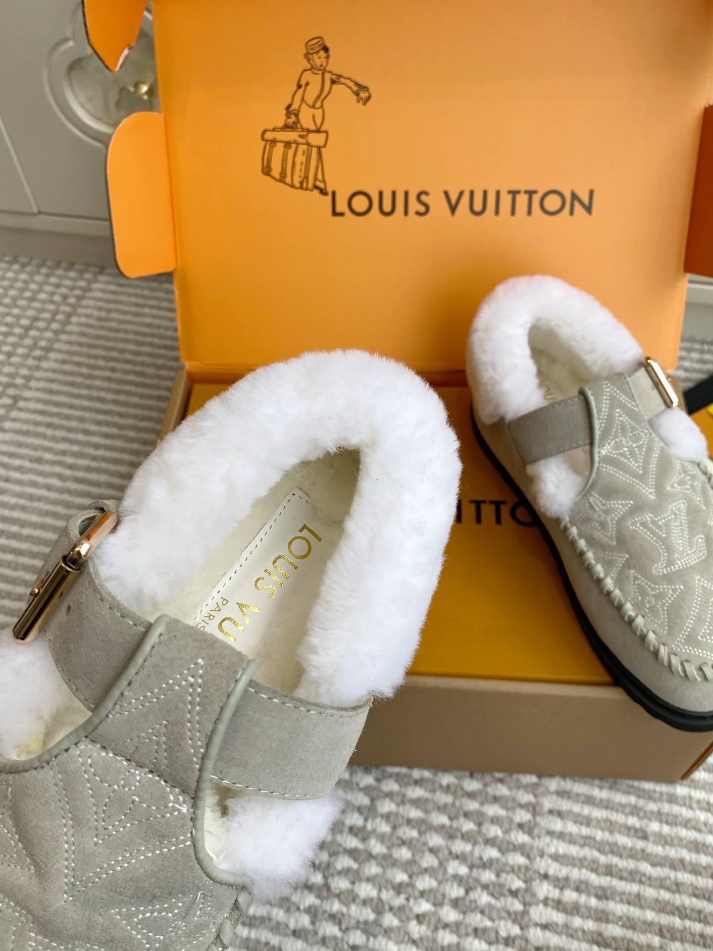 Louis Vuitton Women's Grey Monogram Shearling Lined Mules