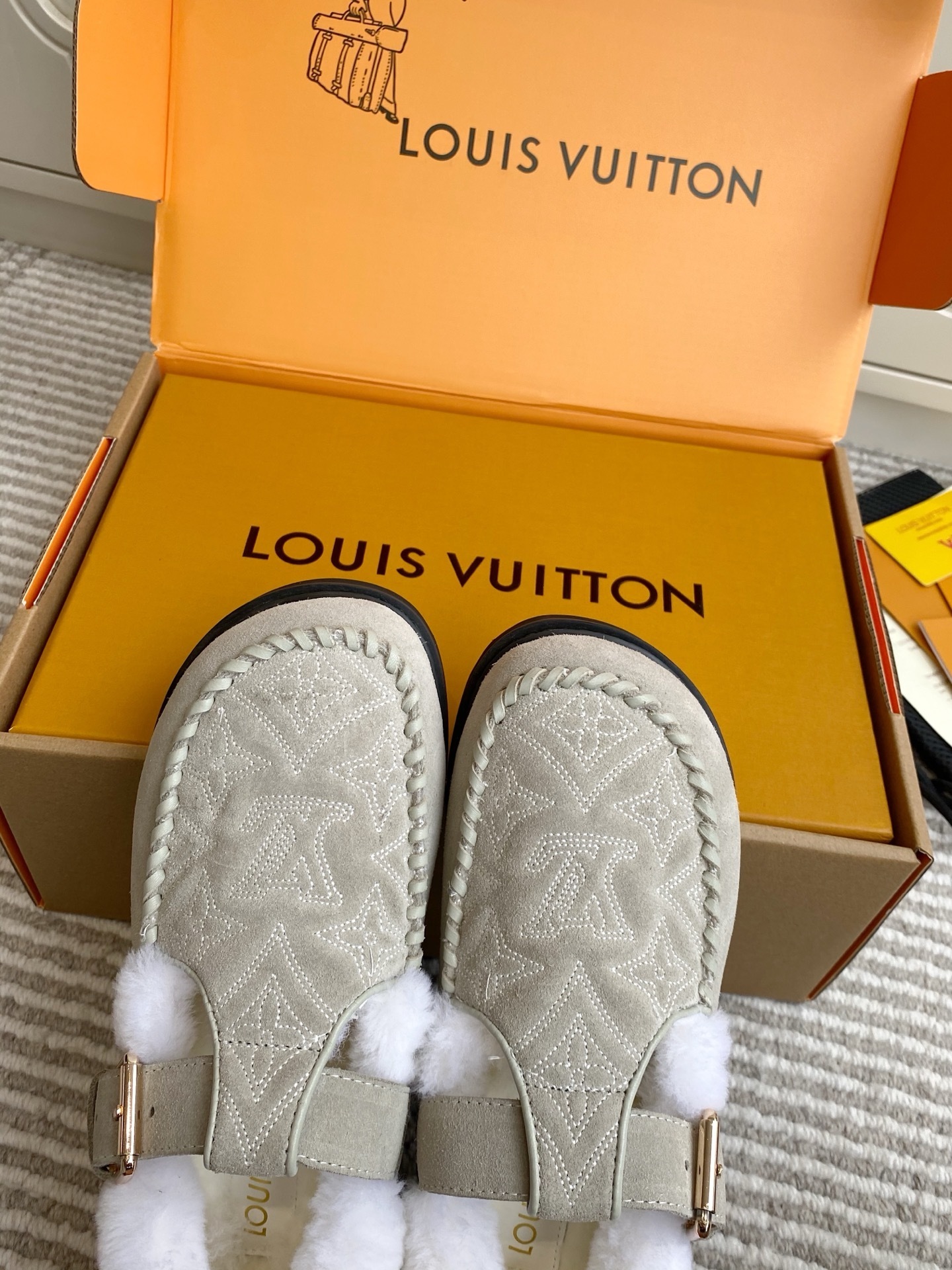 Louis Vuitton Women's Grey Monogram Shearling Lined Mules