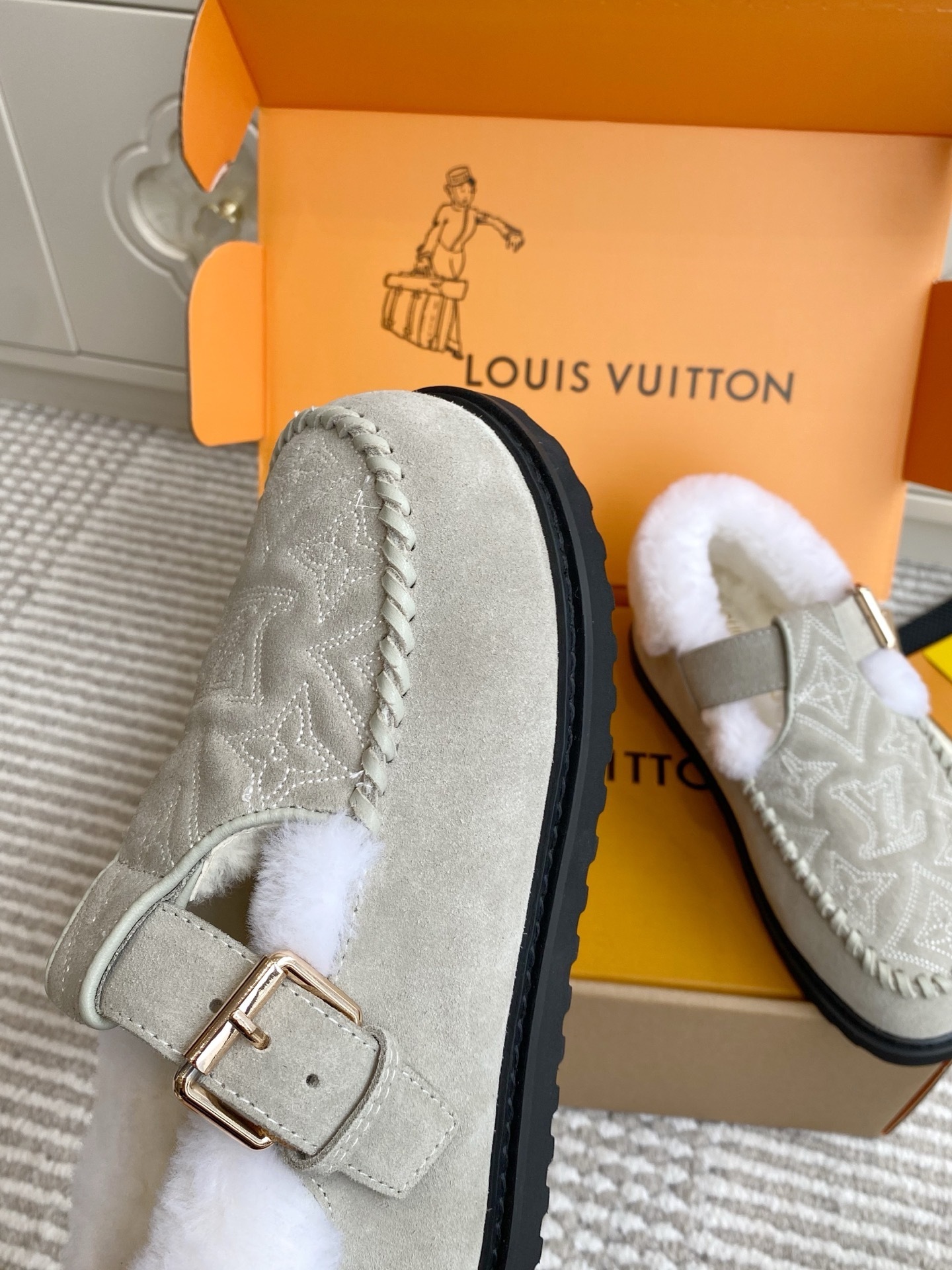Louis Vuitton Women's Grey Monogram Shearling Lined Mules