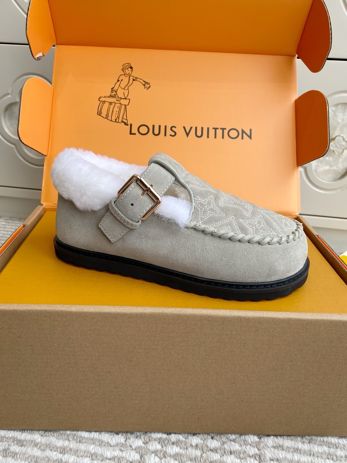 Louis Vuitton Women's Grey Monogram Shearling Lined Mules