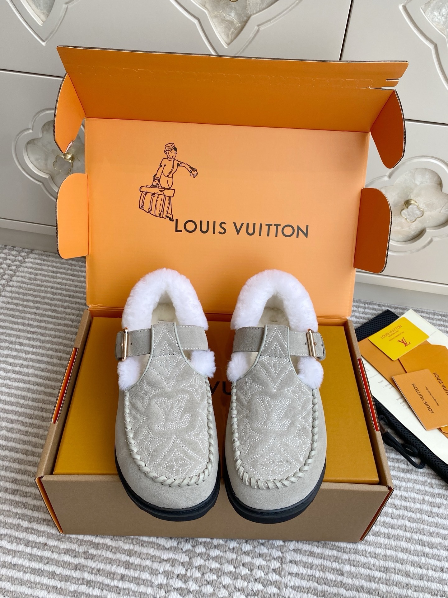 Louis Vuitton Women’s Grey Monogram Shearling Lined Mules