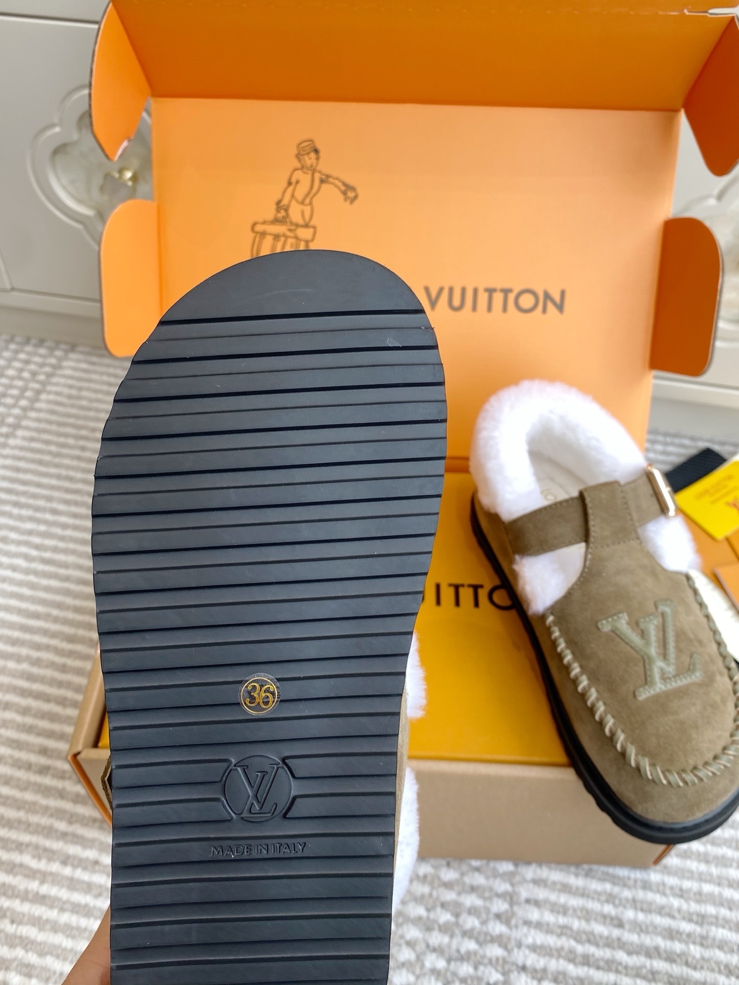 Louis Vuitton Khaki Suede Shearling-Lined Mules with LV Logo