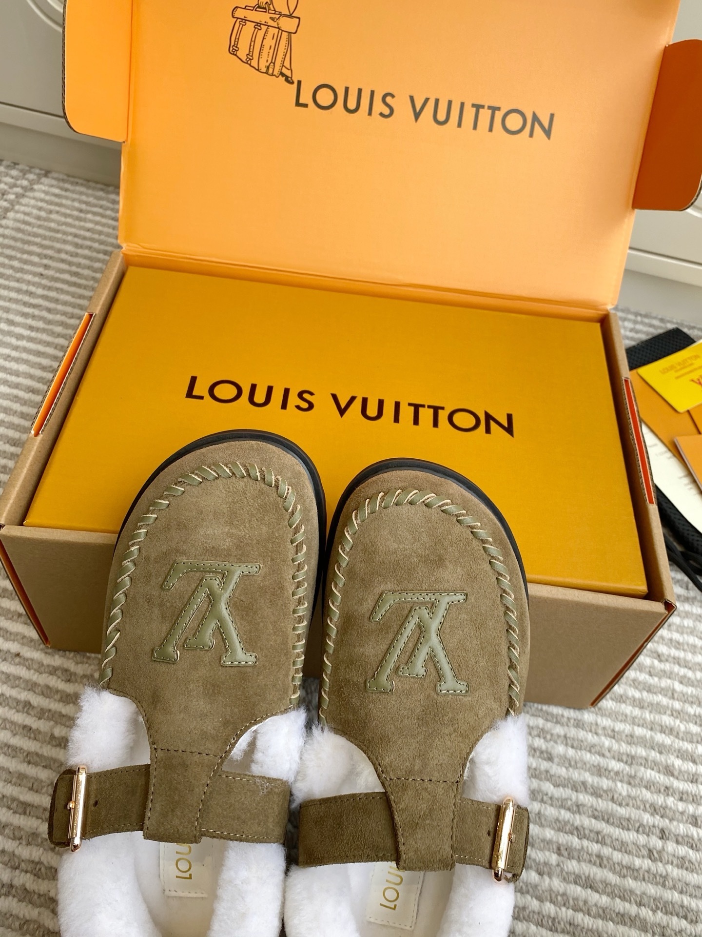 Louis Vuitton Khaki Suede Shearling-Lined Mules with LV Logo