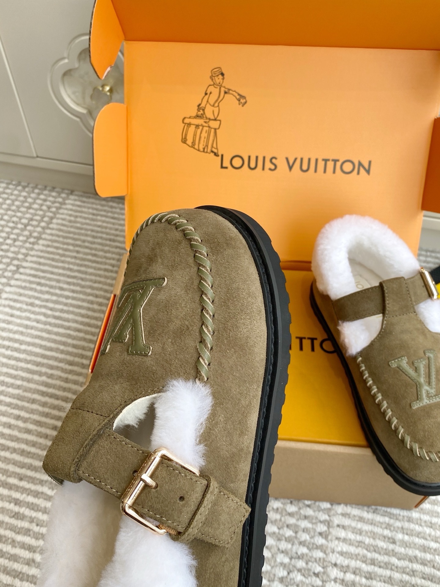 Louis Vuitton Khaki Suede Shearling-Lined Mules with LV Logo