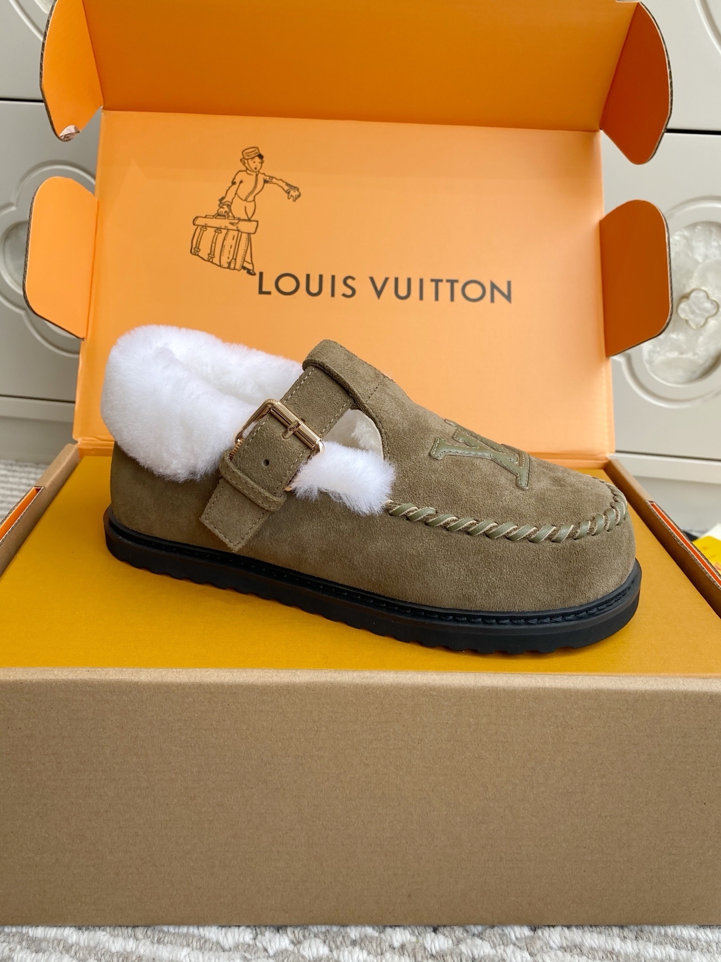 Louis Vuitton Khaki Suede Shearling-Lined Mules with LV Logo