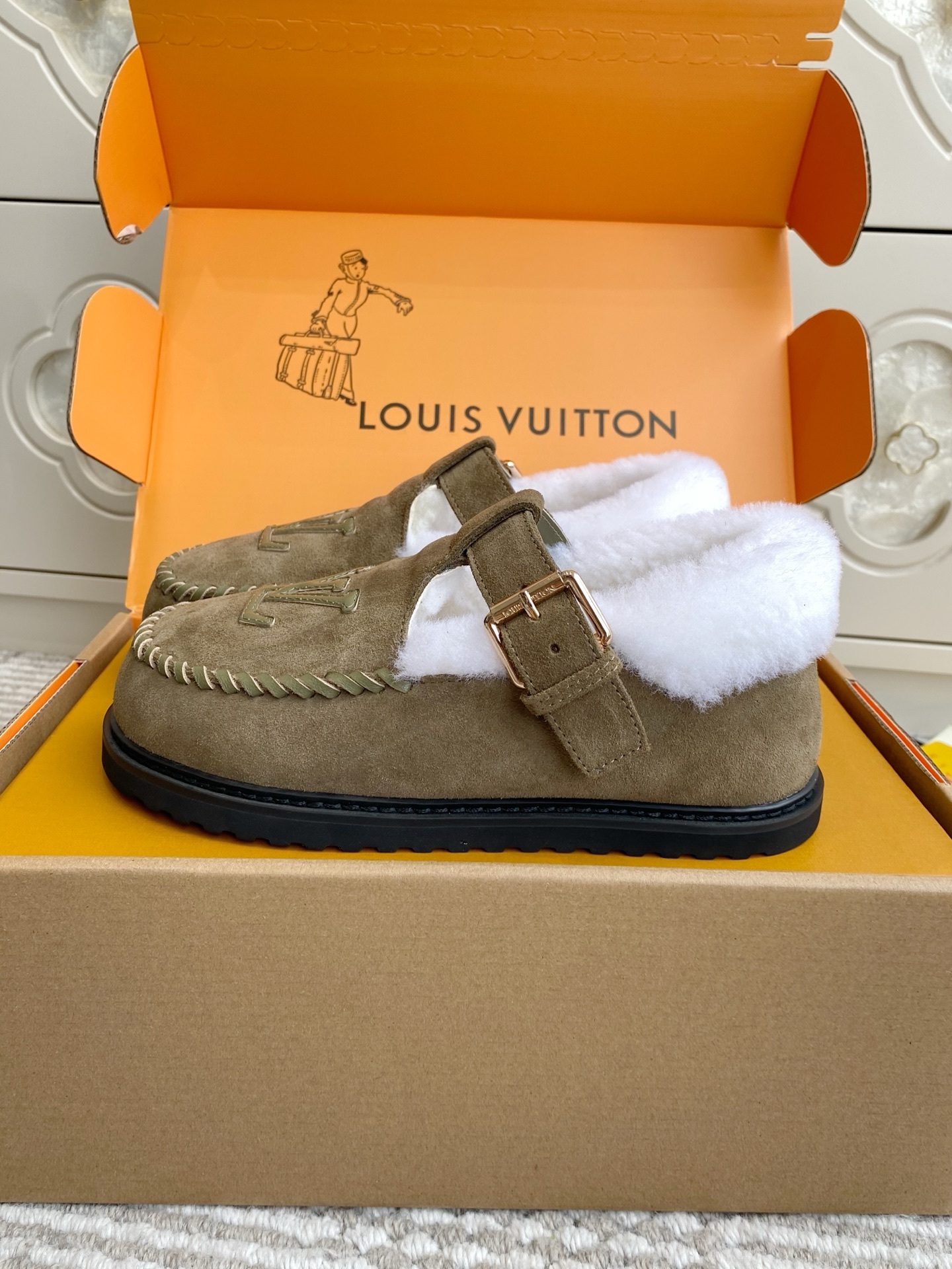 Louis Vuitton Khaki Suede Shearling-Lined Mules with LV Logo