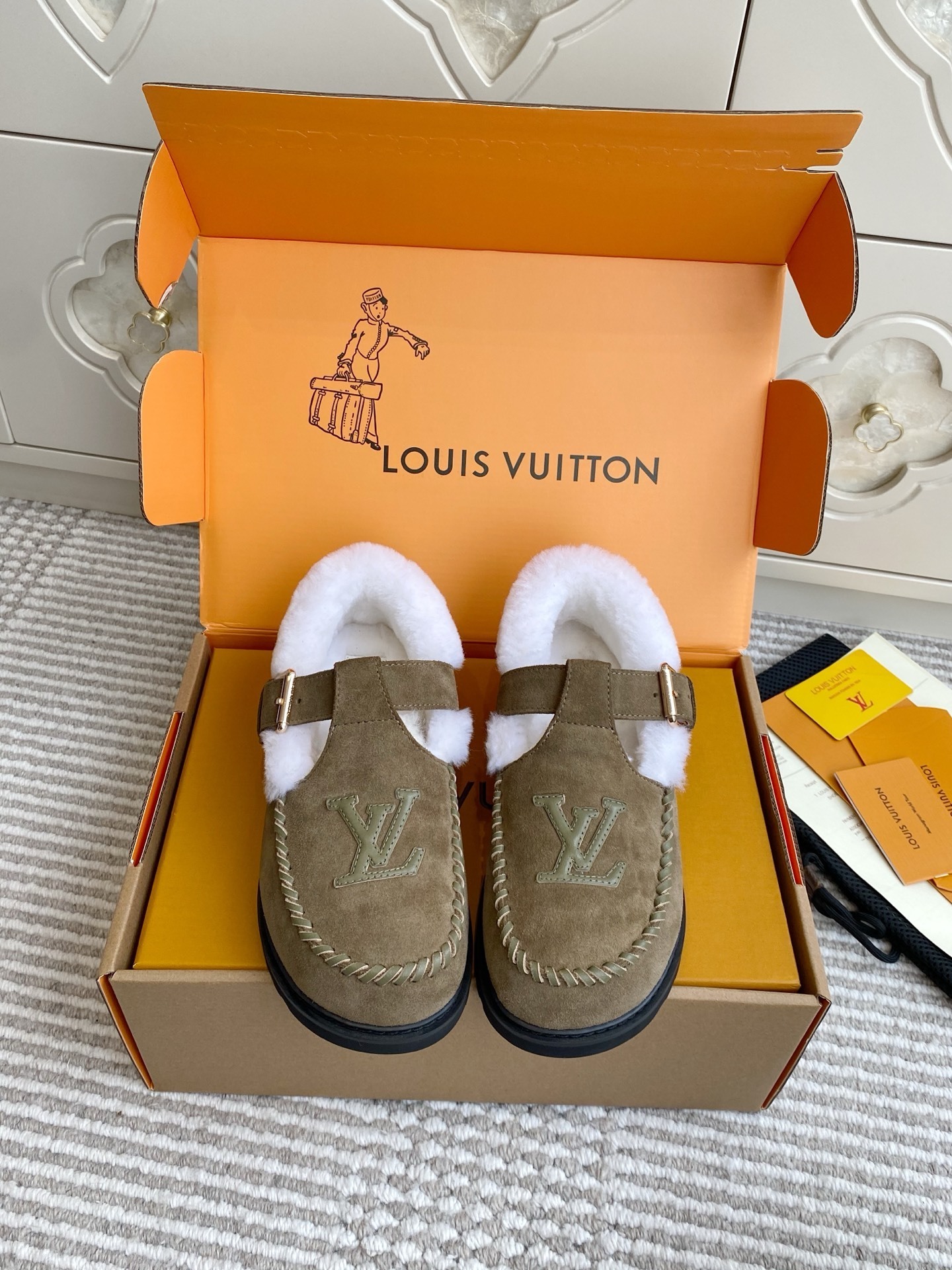 Louis Vuitton Khaki Suede Shearling-Lined Mules with LV Logo