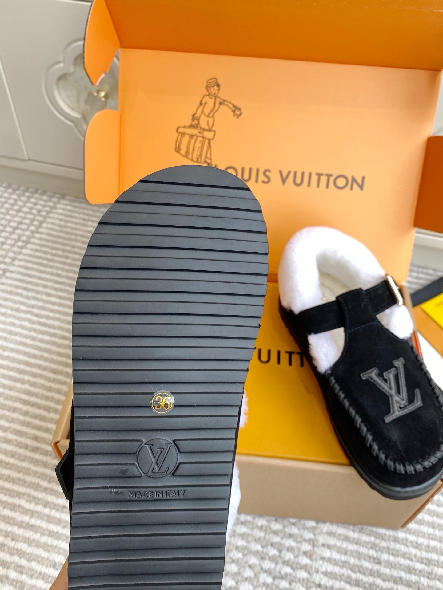 Louis Vuitton Black Suede Shearling Loafers Luxury Mules