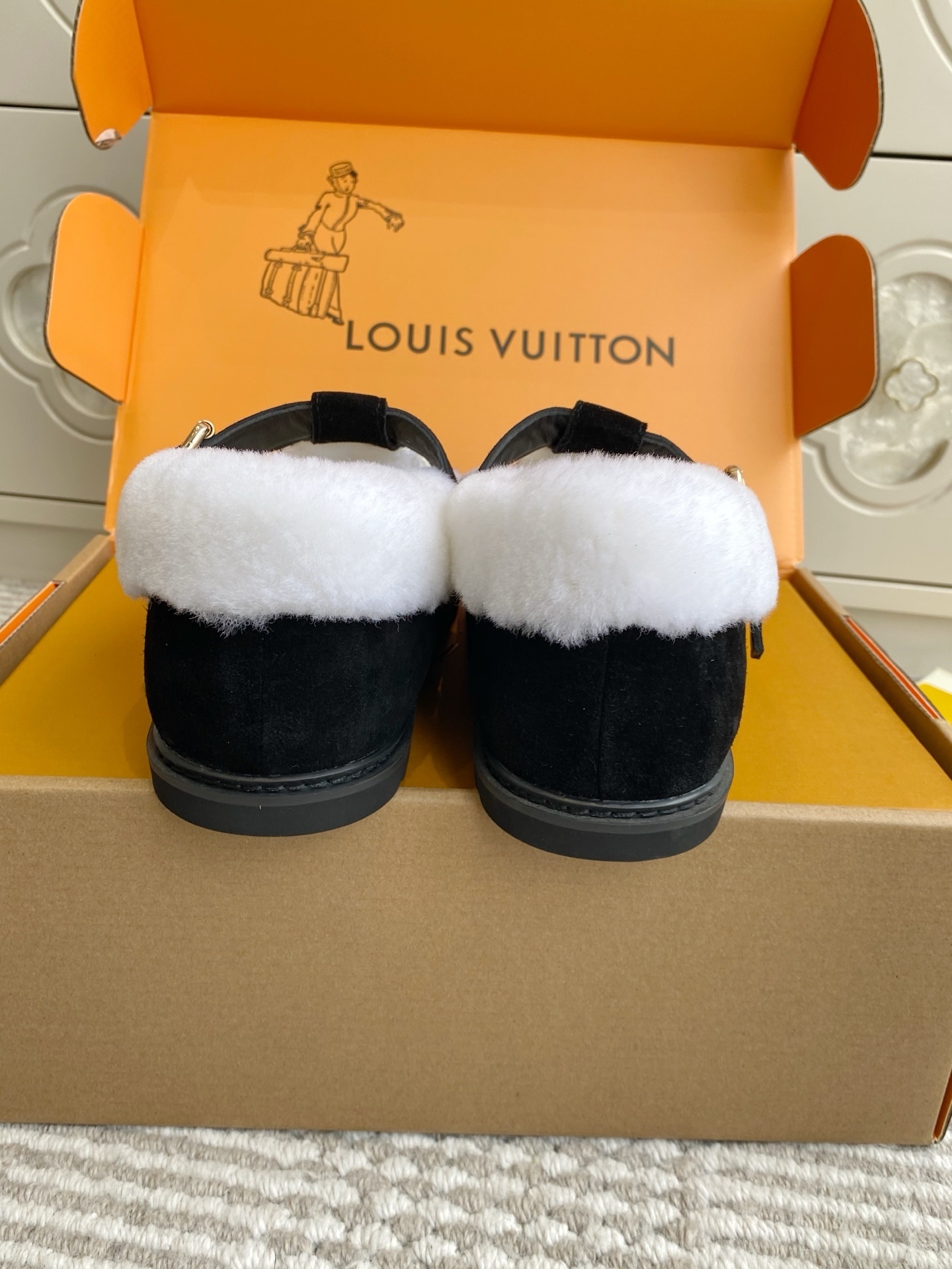 Louis Vuitton Black Suede Shearling Loafers Luxury Mules