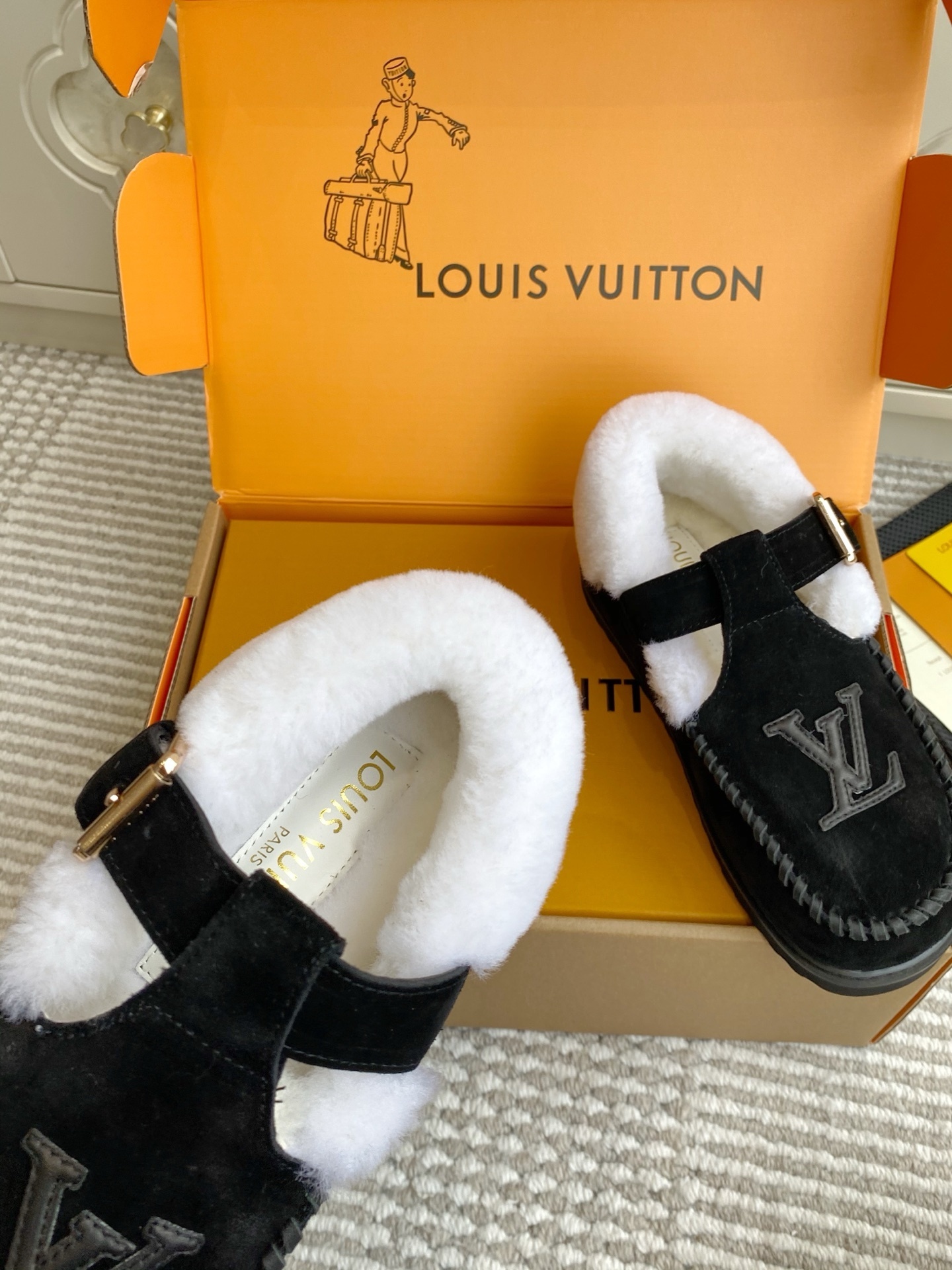 Louis Vuitton Black Suede Shearling Loafers Luxury Mules