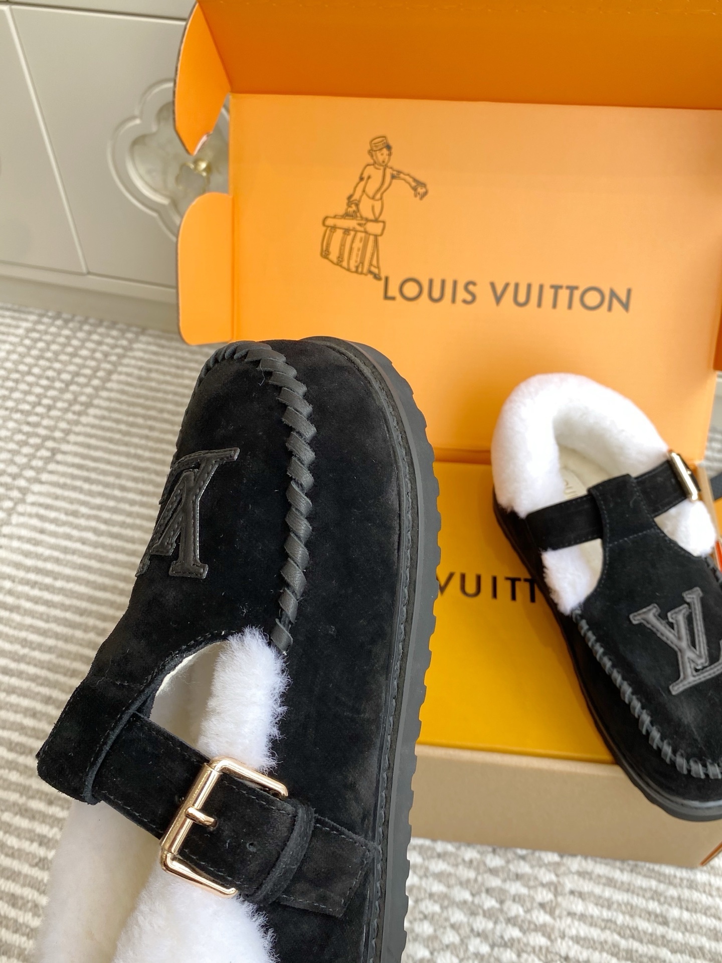 Louis Vuitton Black Suede Shearling Loafers Luxury Mules