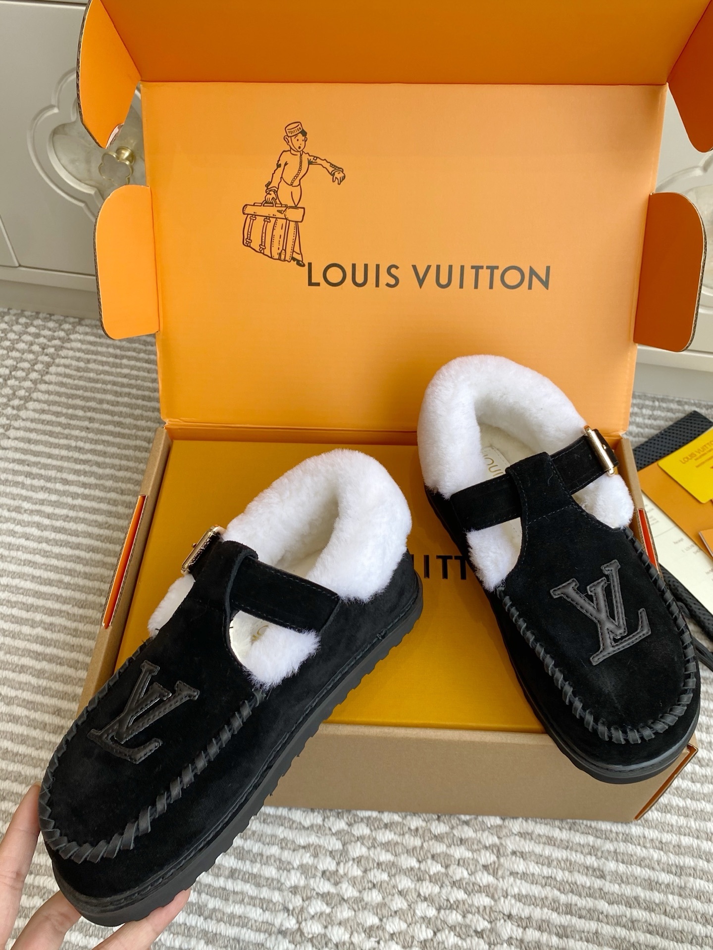 Louis Vuitton Black Suede Shearling Loafers Luxury Mules