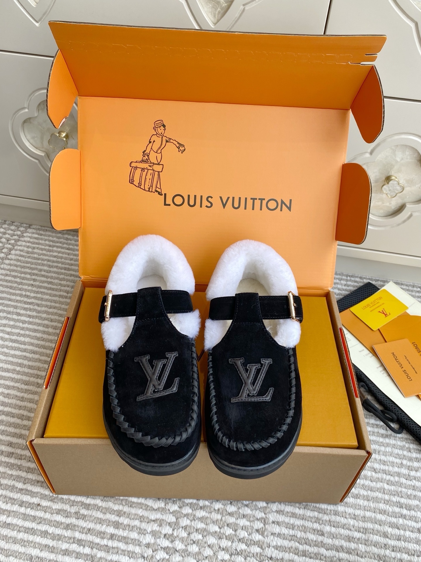 Louis Vuitton Black Suede Shearling Loafers Luxury Mules
