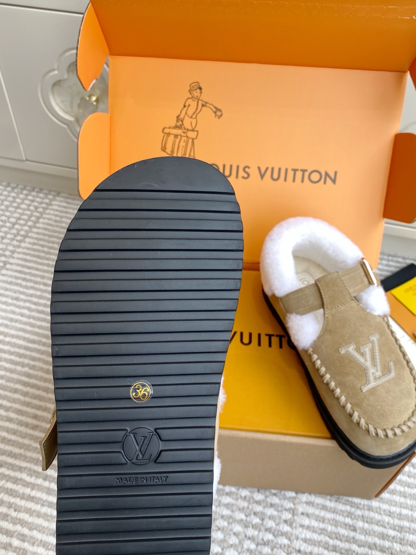 Louis Vuitton Beige Suede Shearling Mules - Luxury LV Clogs