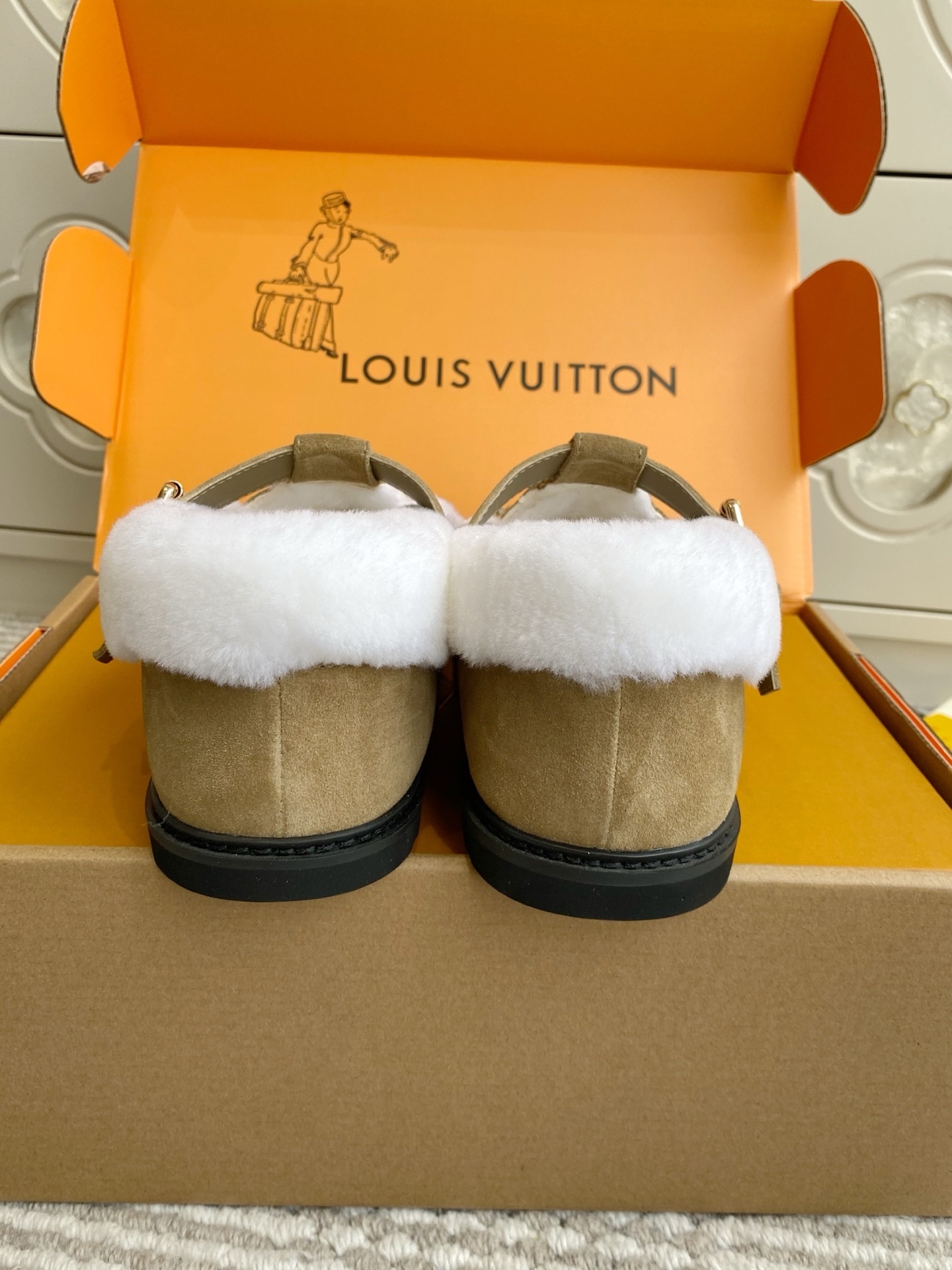 Louis Vuitton Beige Suede Shearling Mules - Luxury LV Clogs