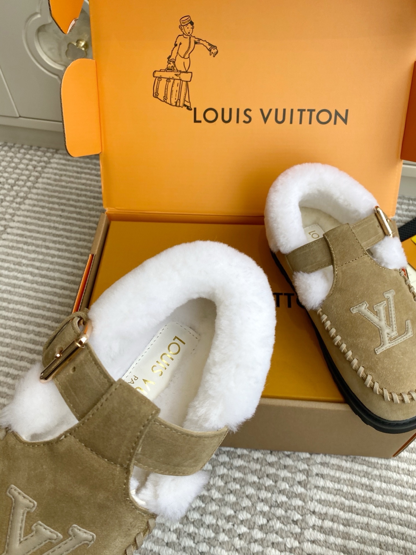 Louis Vuitton Beige Suede Shearling Mules - Luxury LV Clogs