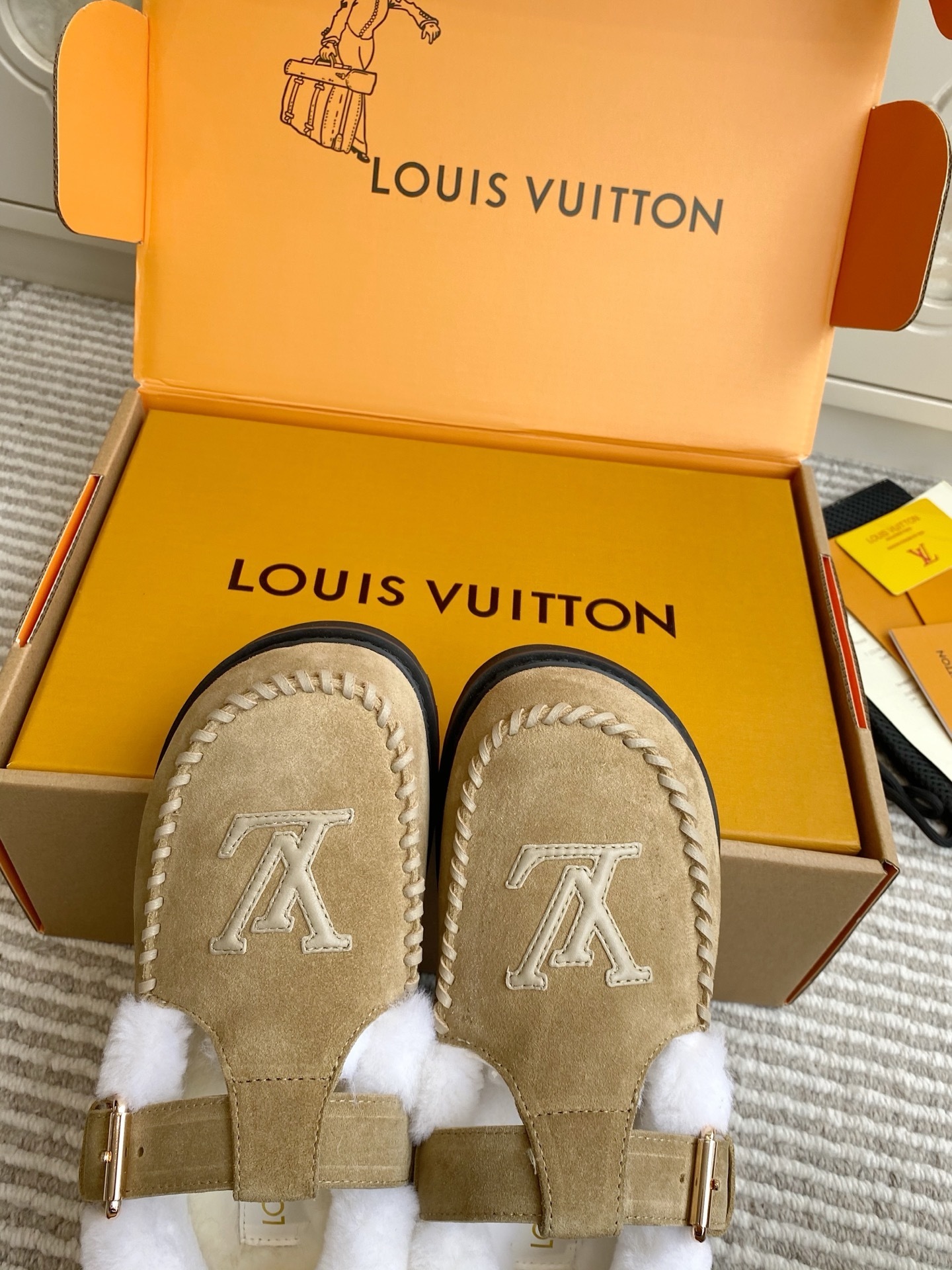 Louis Vuitton Beige Suede Shearling Mules - Luxury LV Clogs