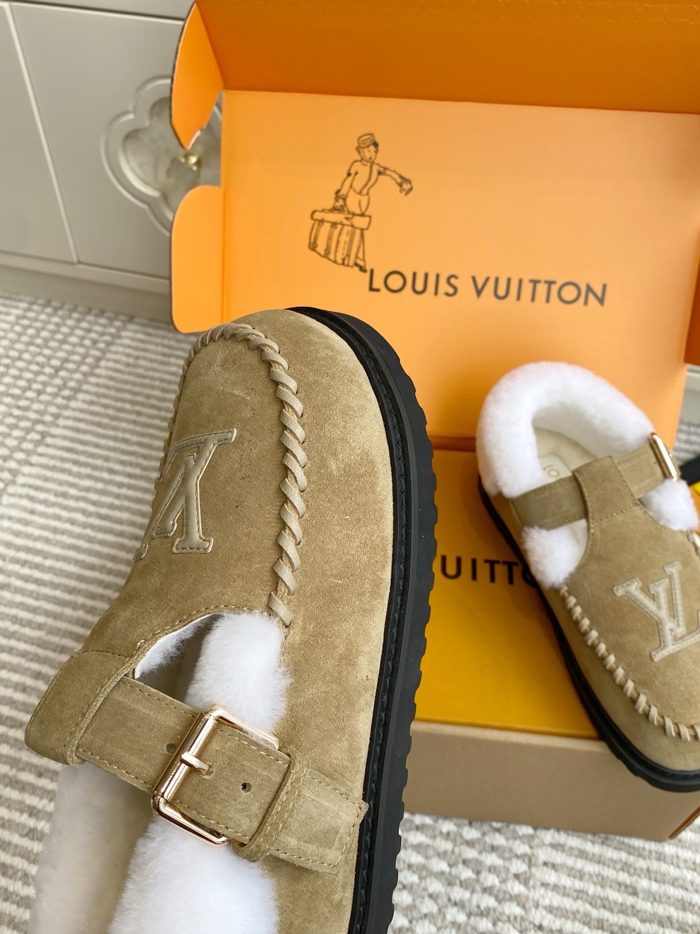 Louis Vuitton Beige Suede Shearling Mules - Luxury LV Clogs