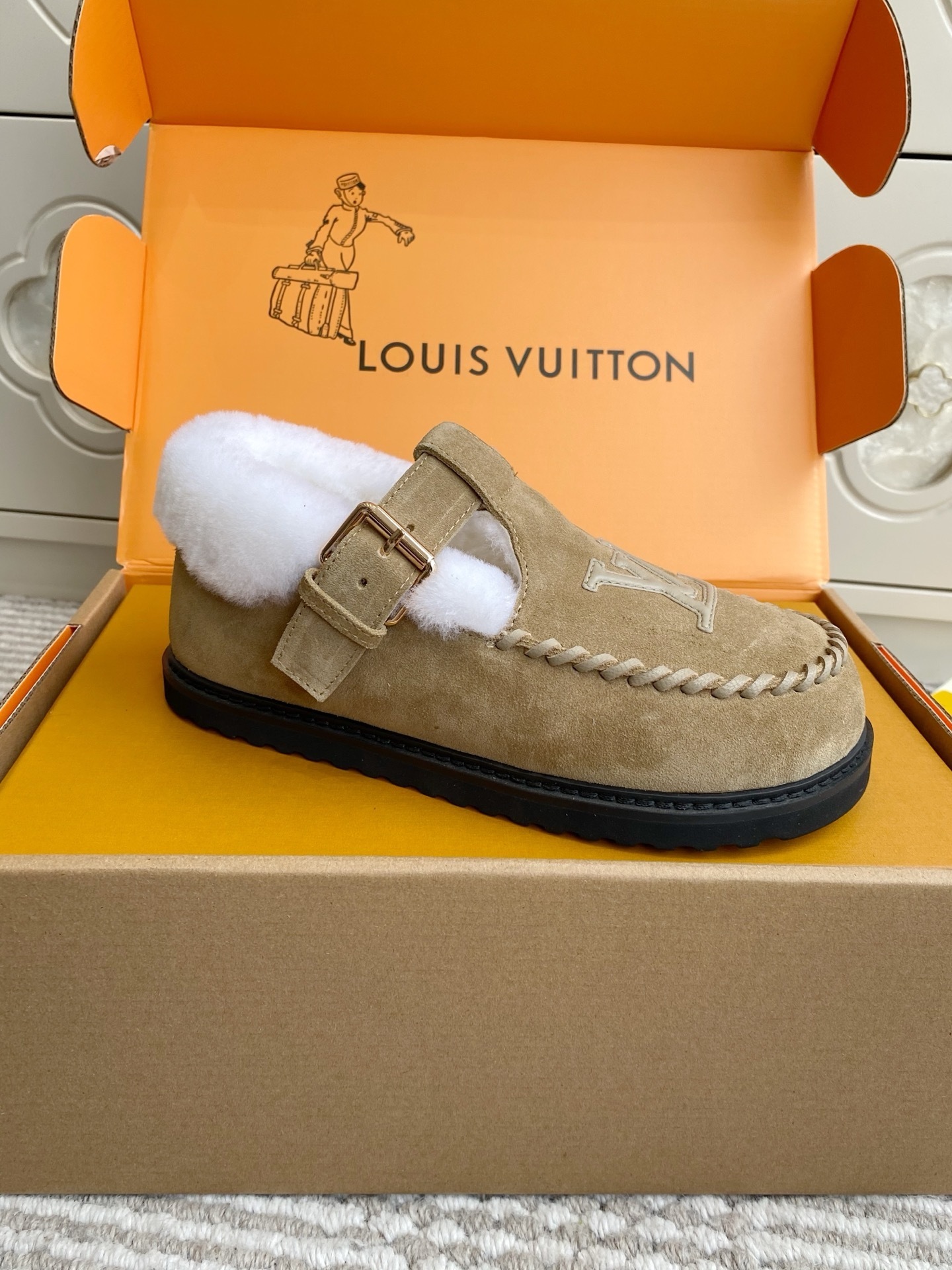 Louis Vuitton Beige Suede Shearling Mules - Luxury LV Clogs