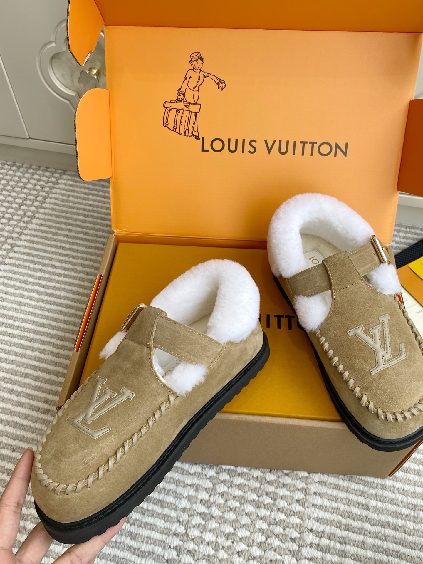 Louis Vuitton Beige Suede Shearling Mules - Luxury LV Clogs