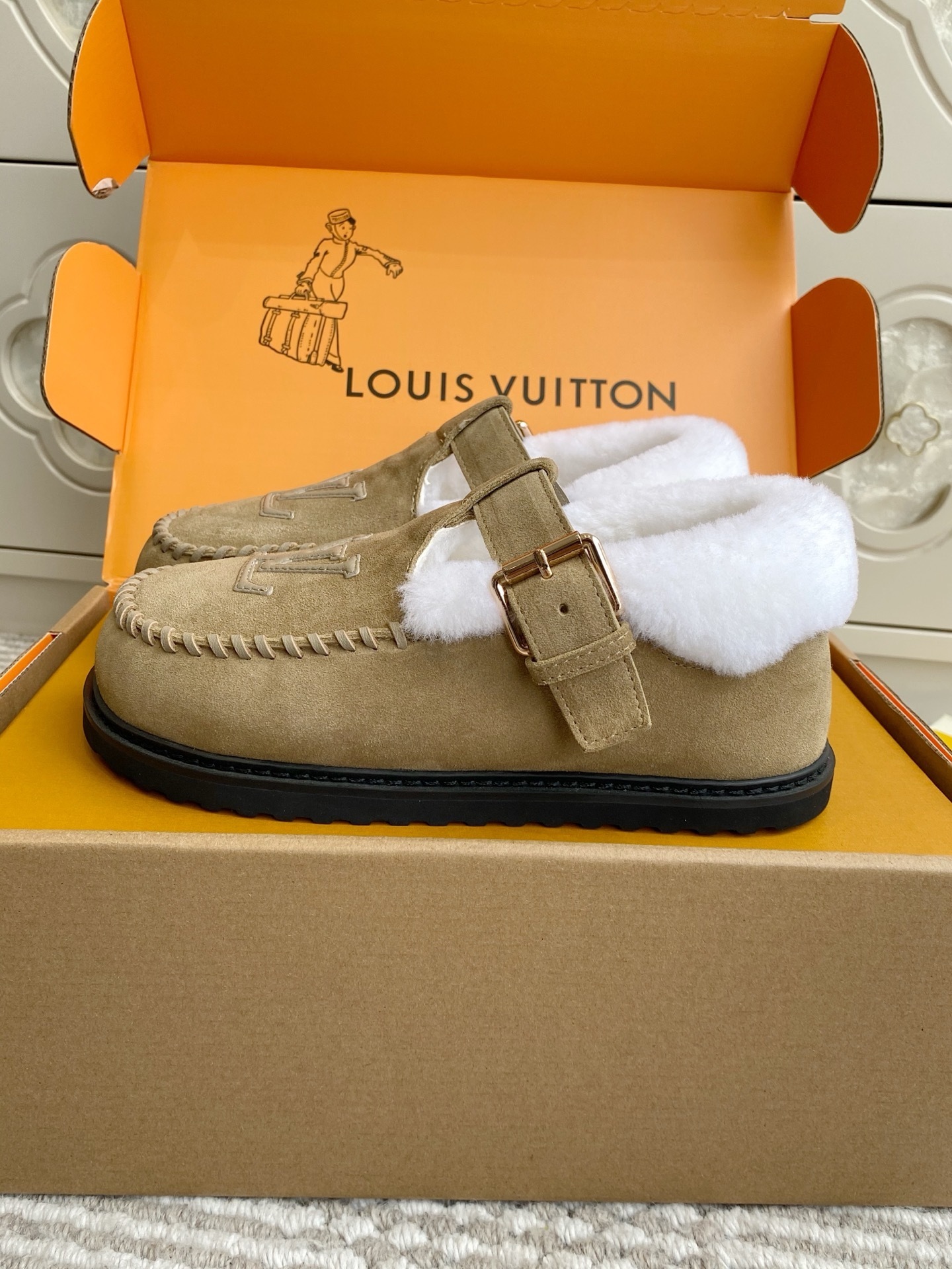 Louis Vuitton Beige Suede Shearling Mules - Luxury LV Clogs