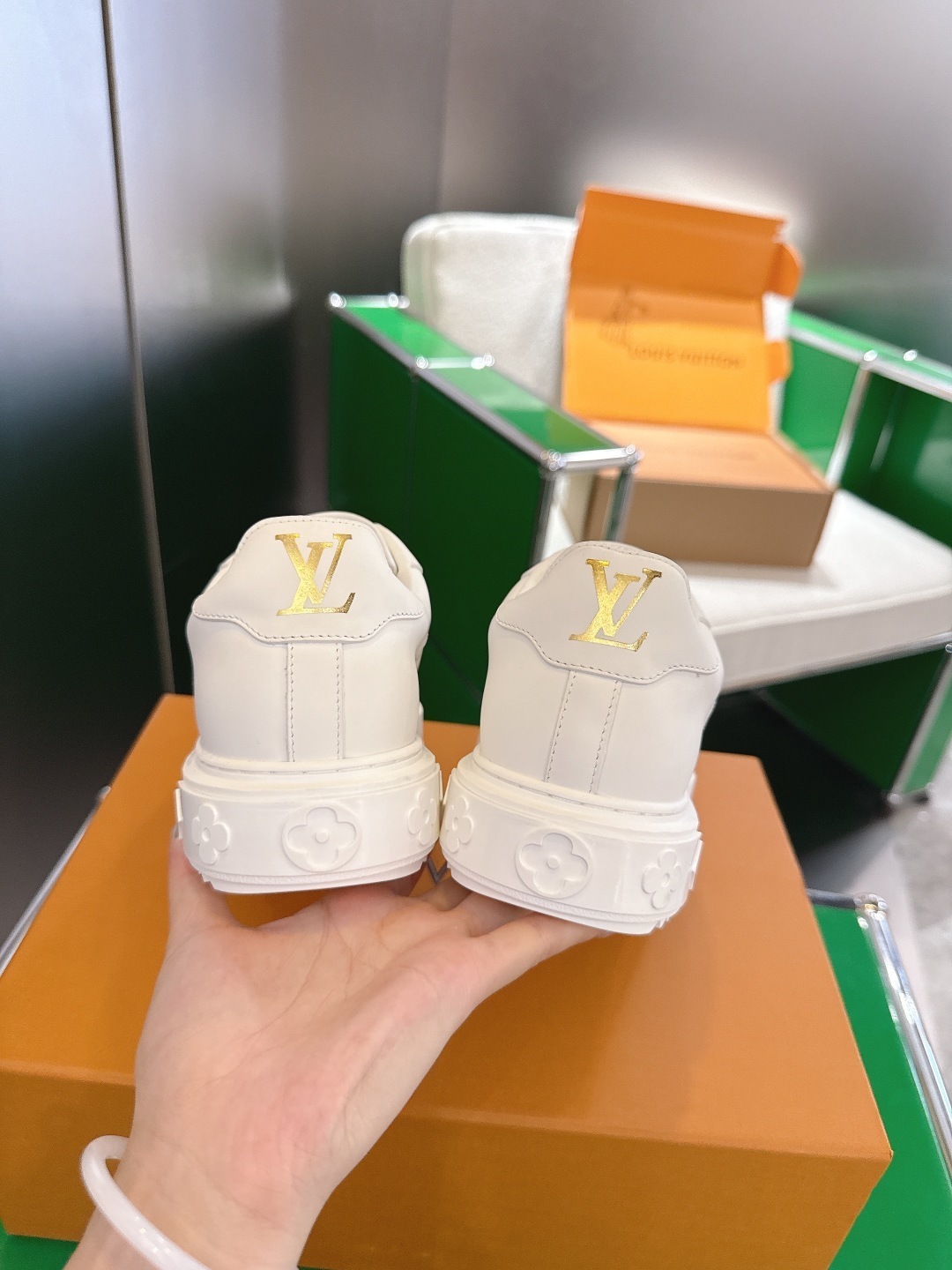 Louis Vuitton White Leather Sneakers with Monogram Floral Charms