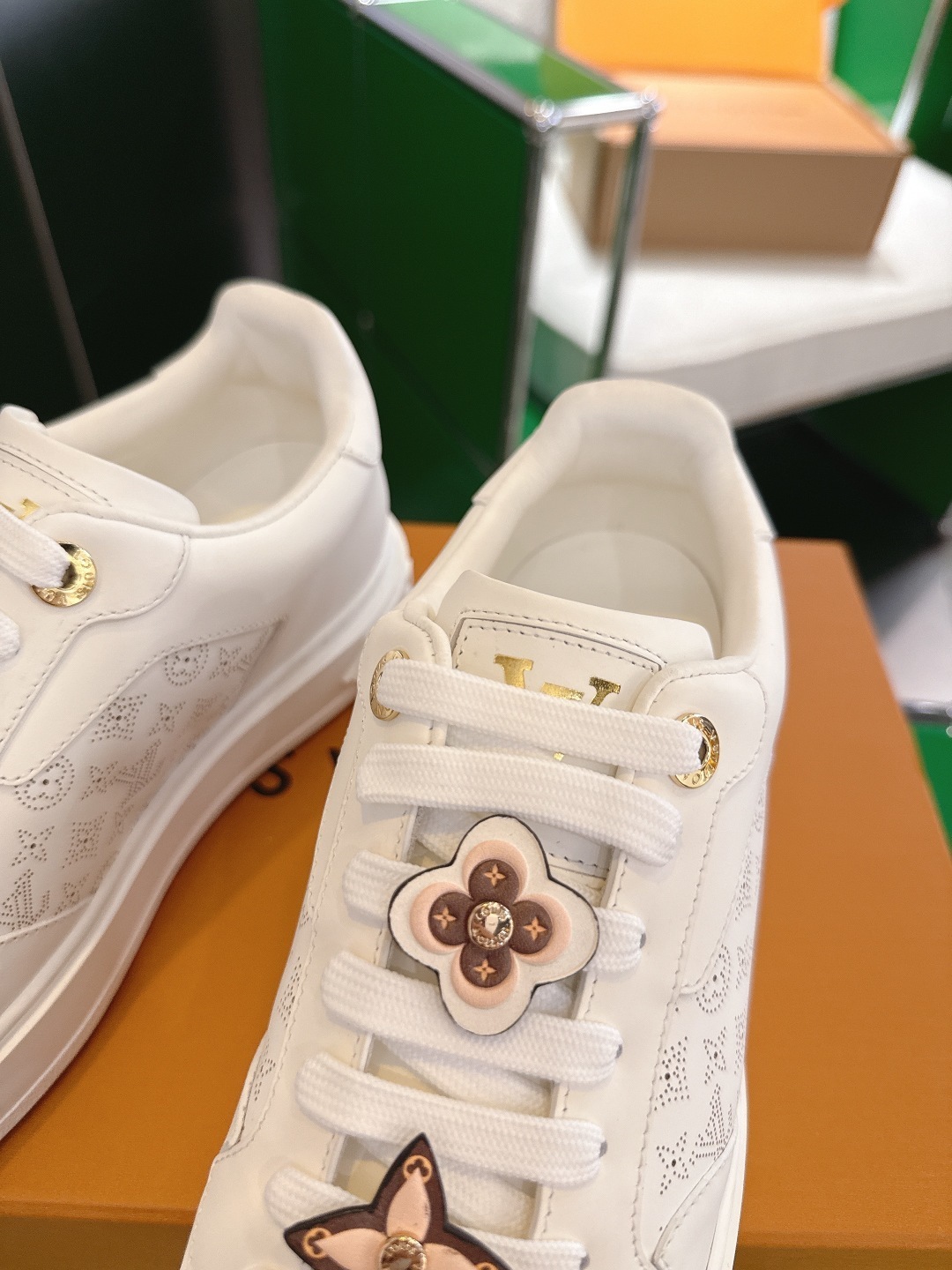 Louis Vuitton White Leather Sneakers with Monogram Floral Charms