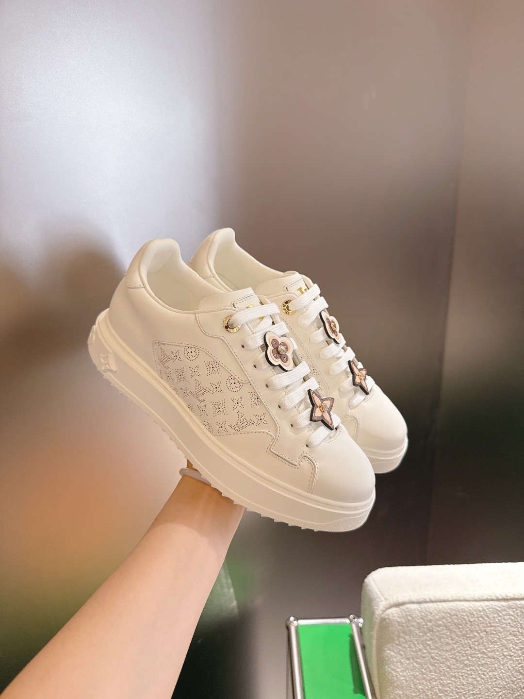 Louis Vuitton White Leather Sneakers with Monogram Floral Charms