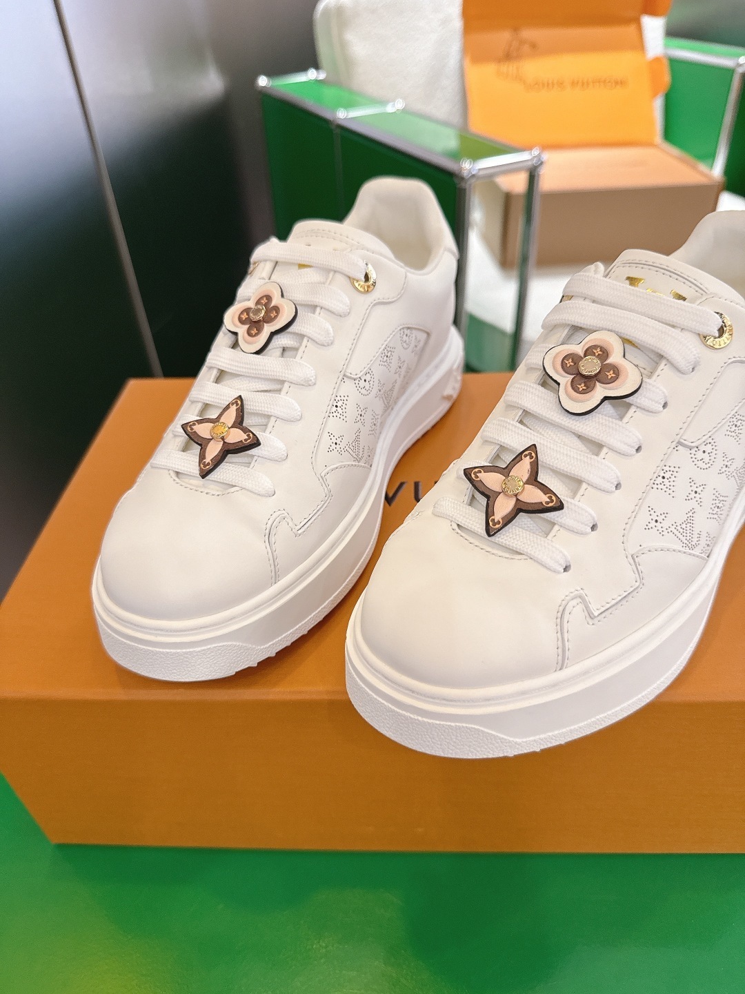 Louis Vuitton White Leather Sneakers with Monogram Floral Charms