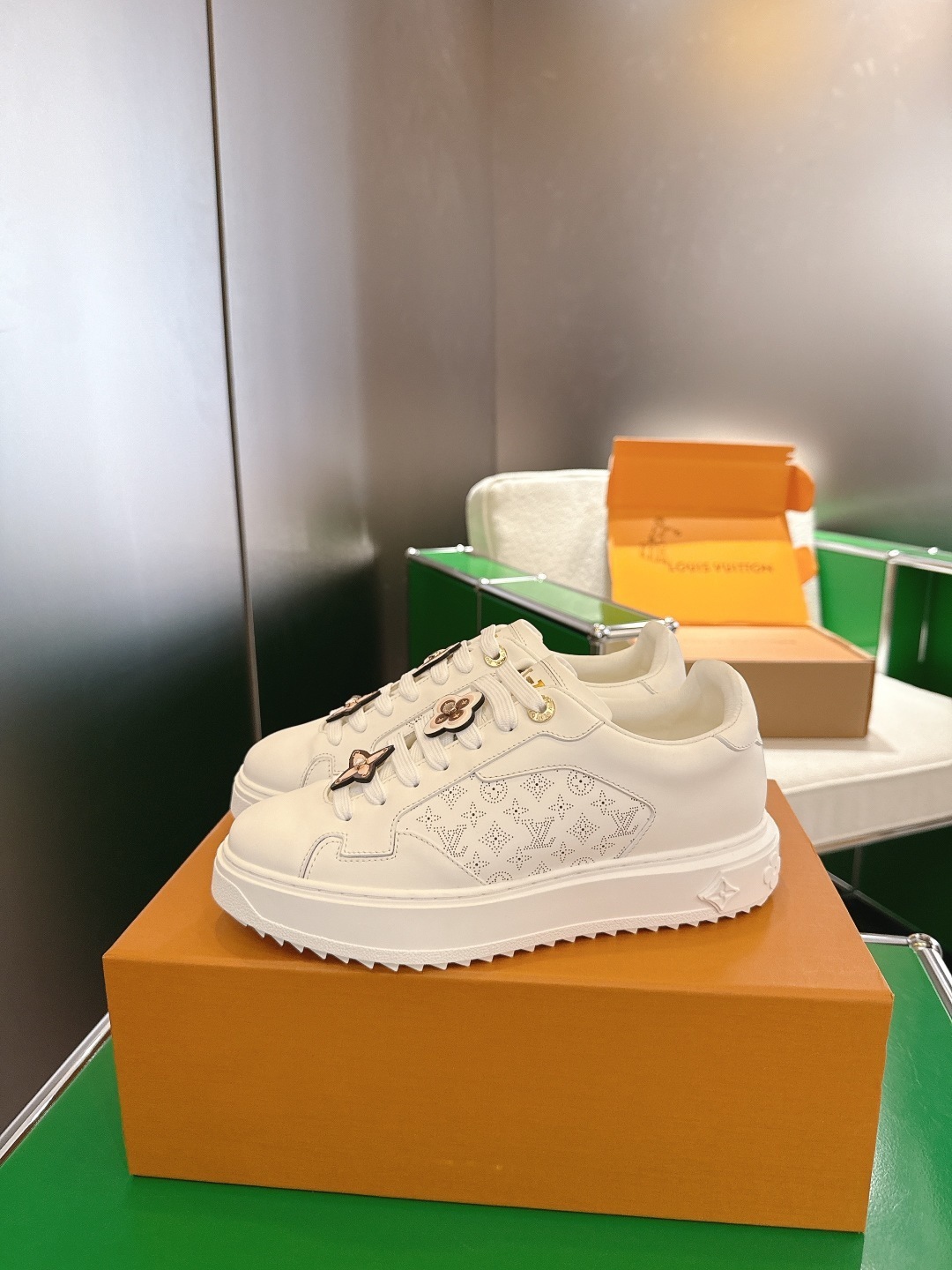 Louis Vuitton White Leather Sneakers with Monogram Floral Charms