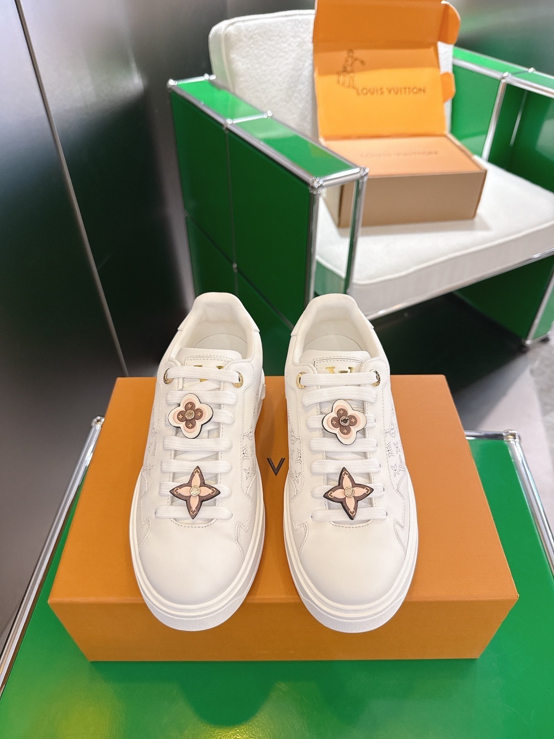 Louis Vuitton White Leather Sneakers with Monogram Floral Charms