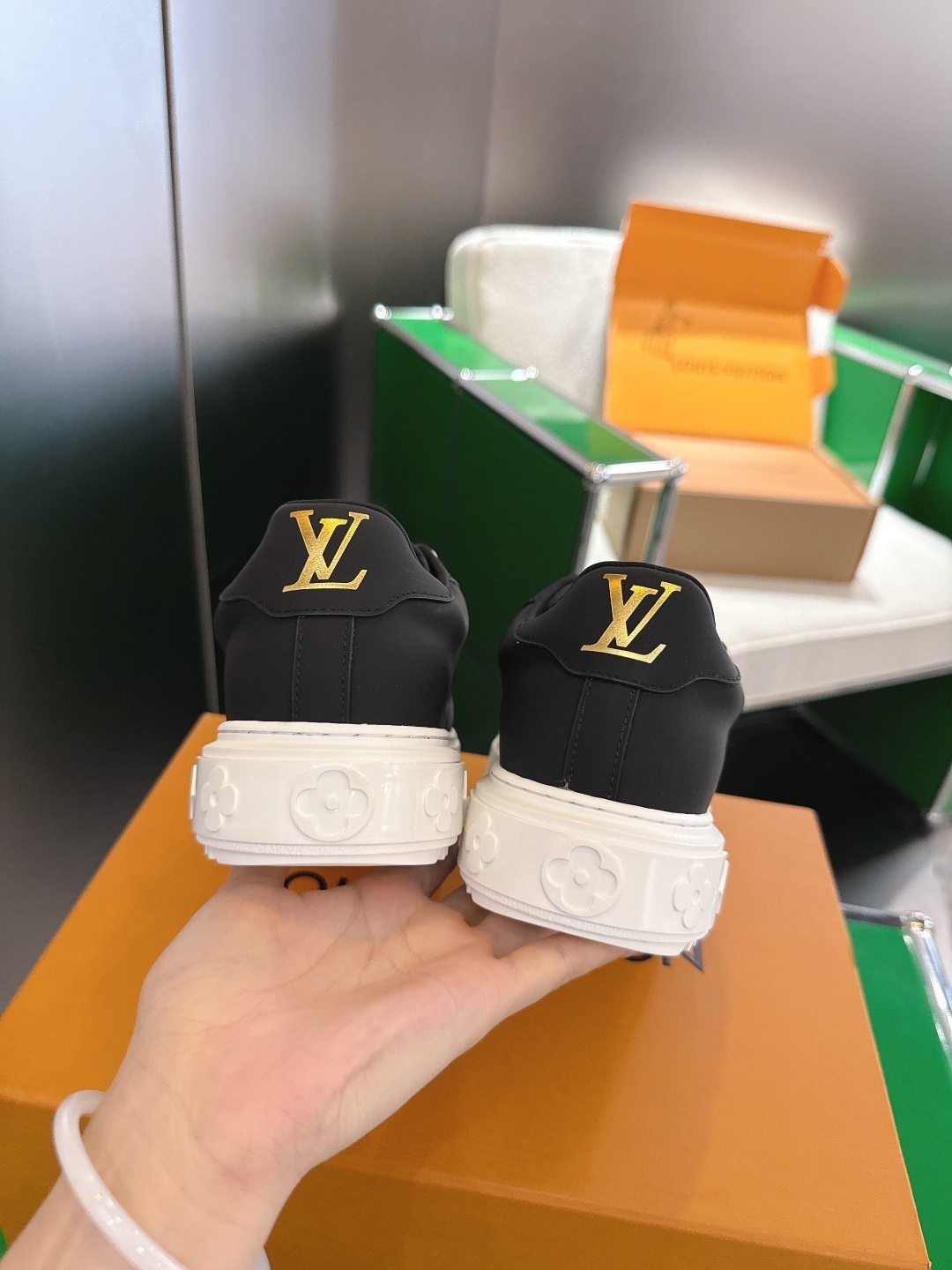 Louis Vuitton Time Out Black Leather Monogram Flower Sneakers